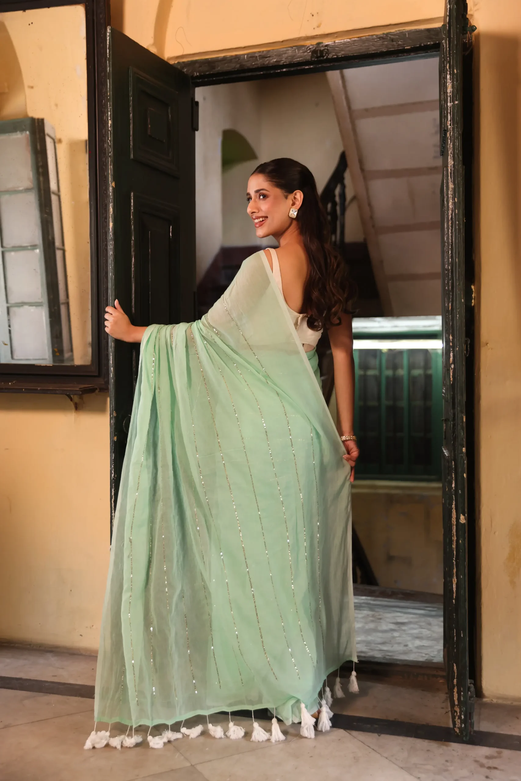 Mint Green Sequin-Stripe Mul Saree