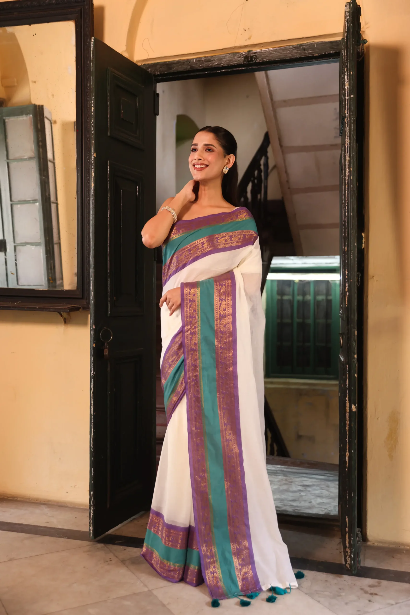 Teal & Purple Heritage Mul Saree