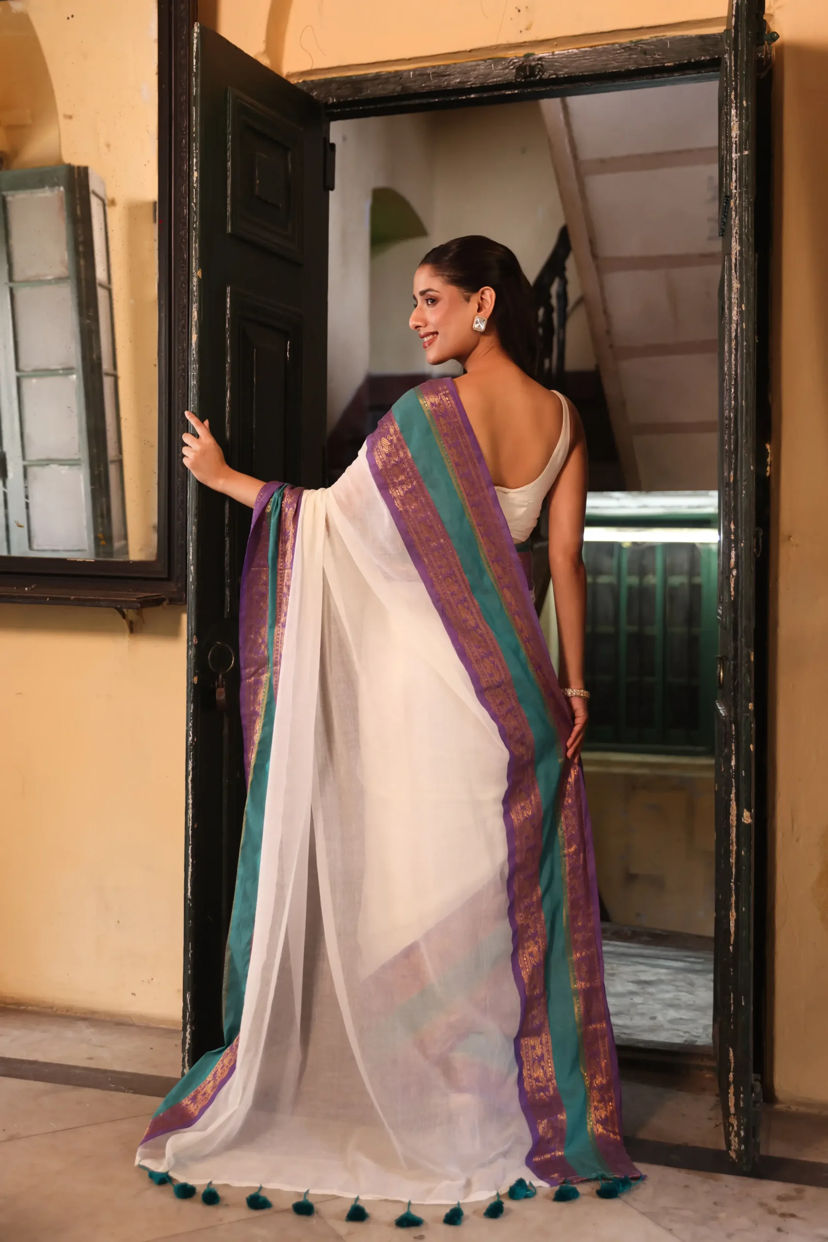 Teal & Purple Heritage Mul Saree