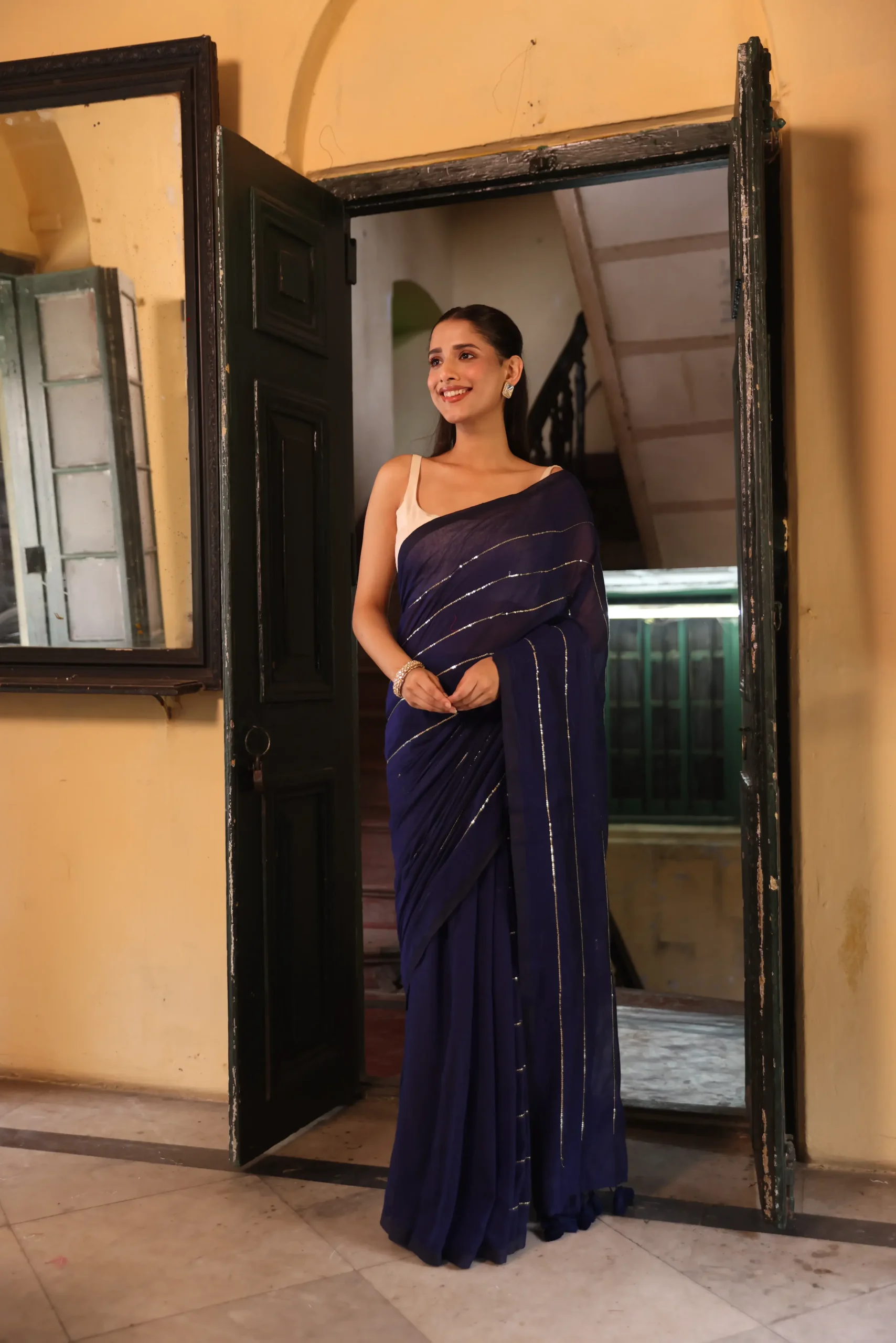 Midnight Blue Sequin Mul Saree