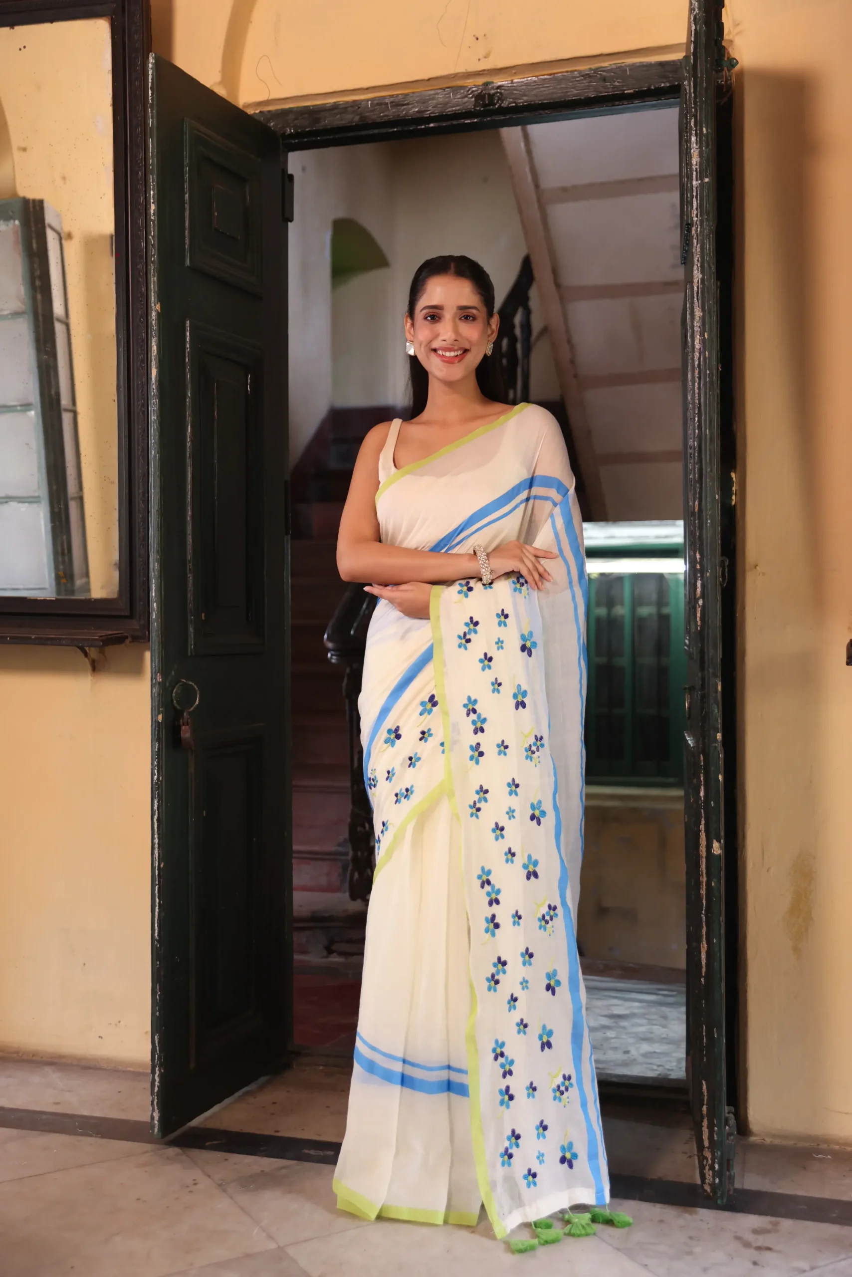 Azure Bloom Mul Saree