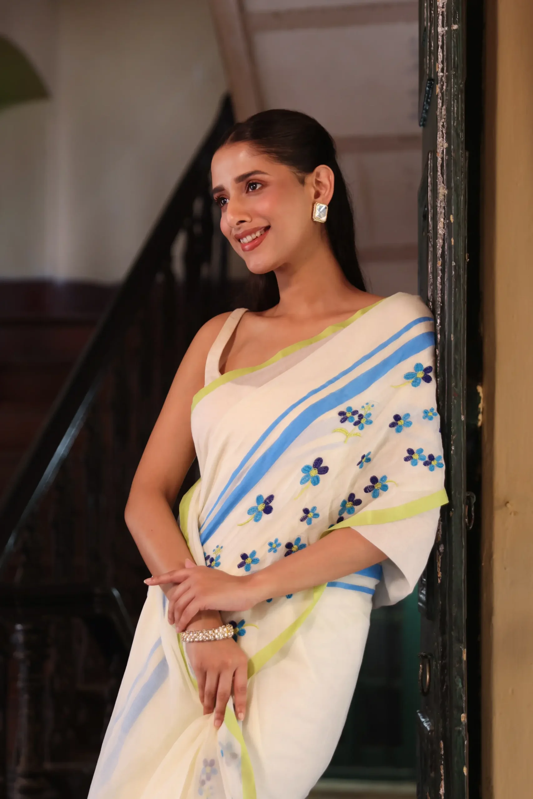 Azure Bloom Mul Saree