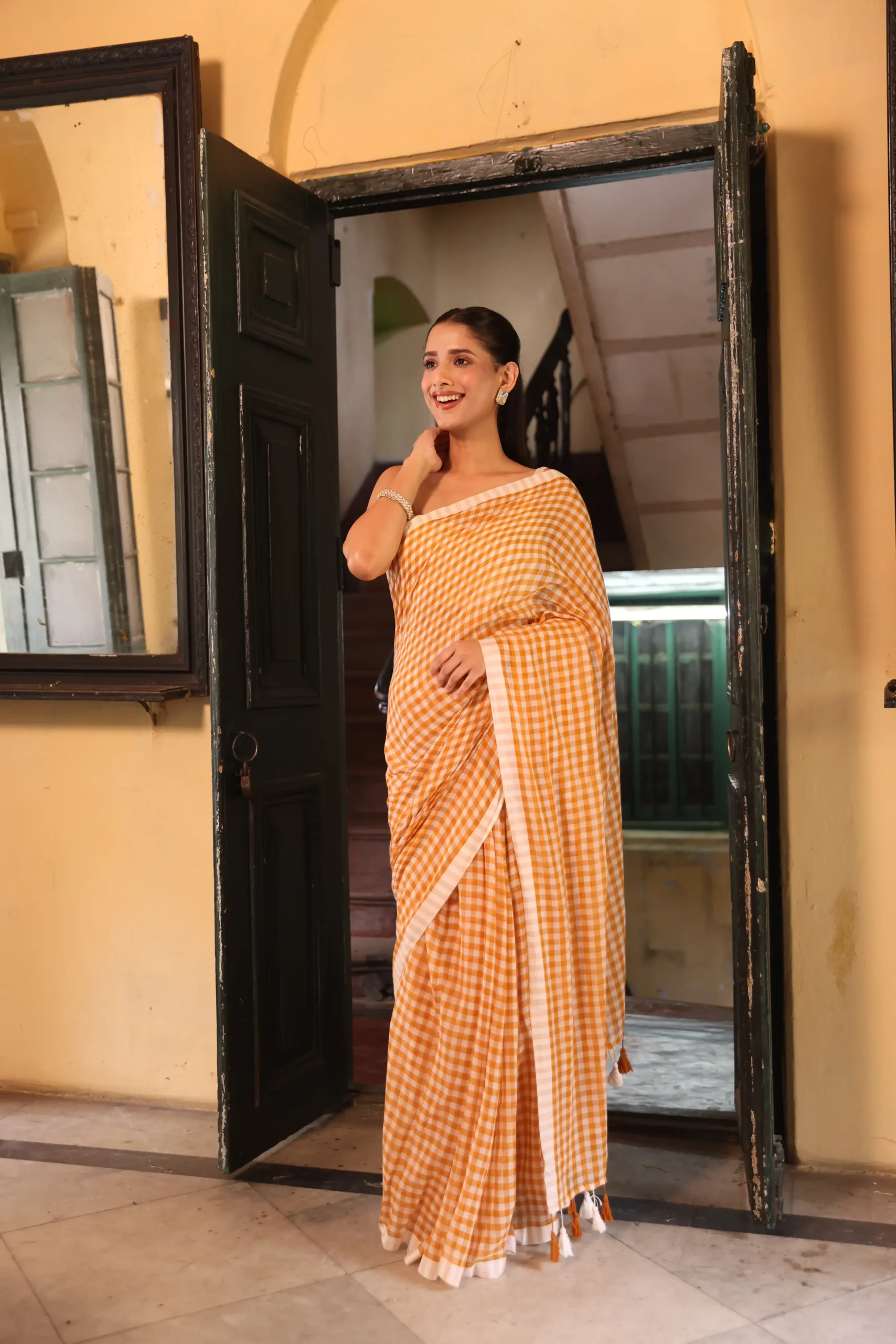 Mustard Check Mul Cotton Saree