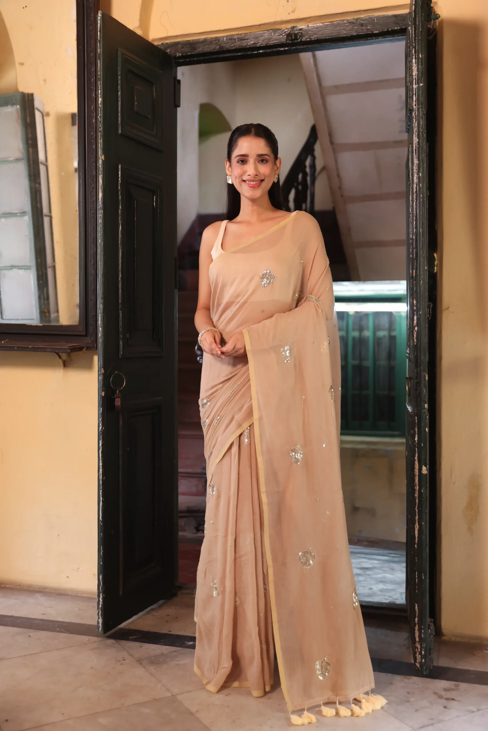 Champagne Pearl Mul Saree