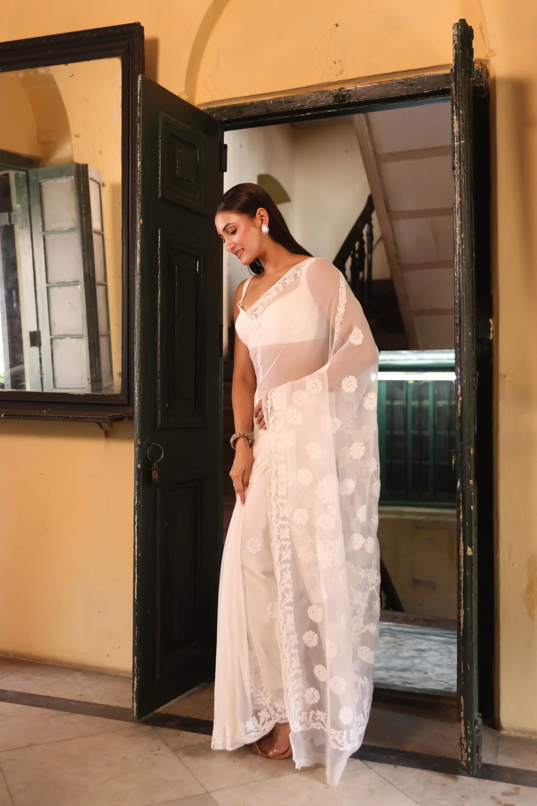 Ivory-White Blossom Chikankari Saree