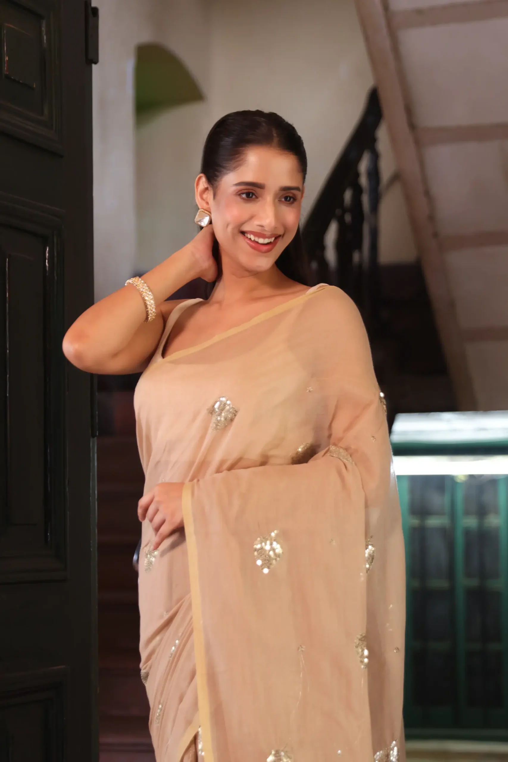 Champagne Pearl Mul Saree