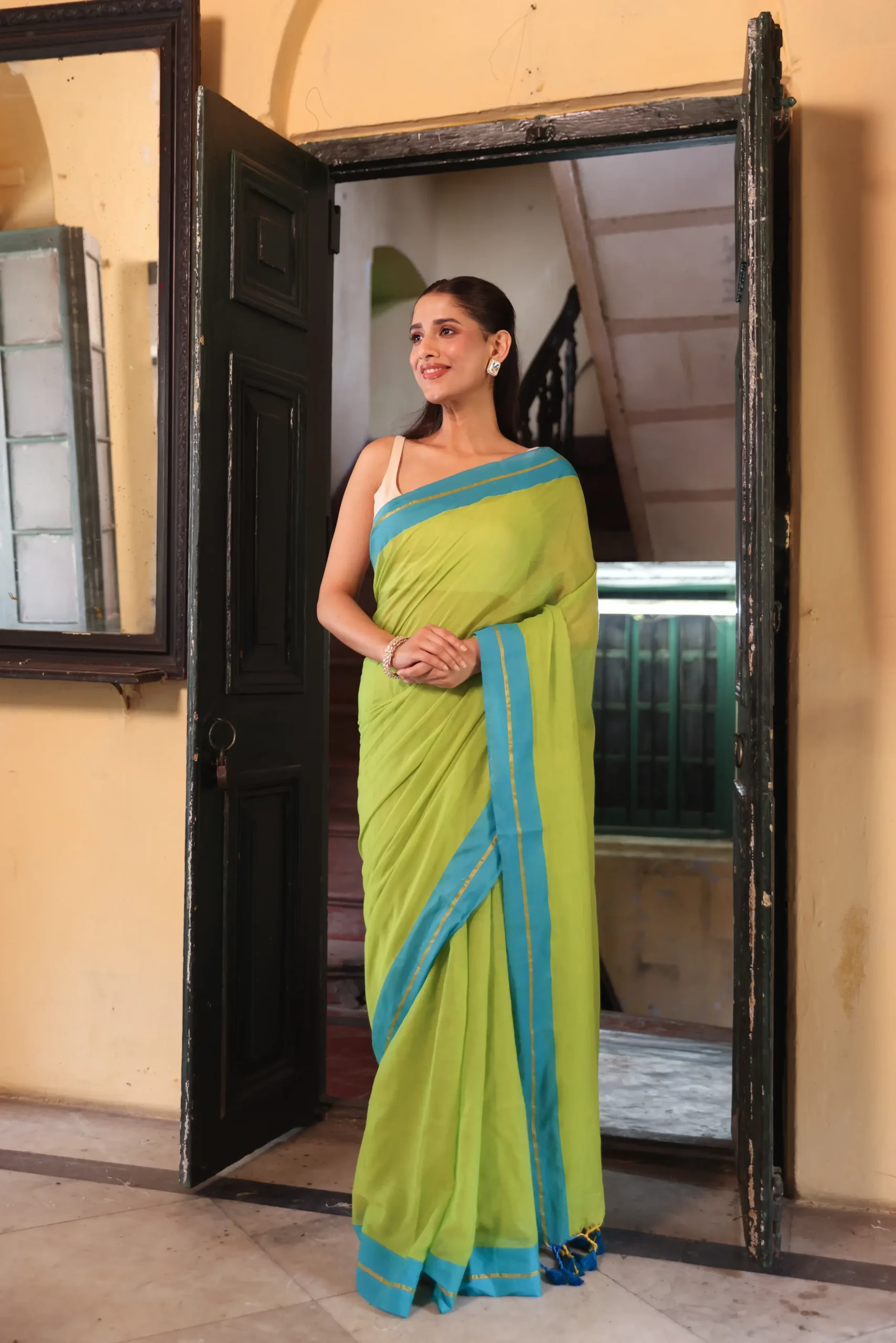 Lime Aqua Elegance Mul Saree