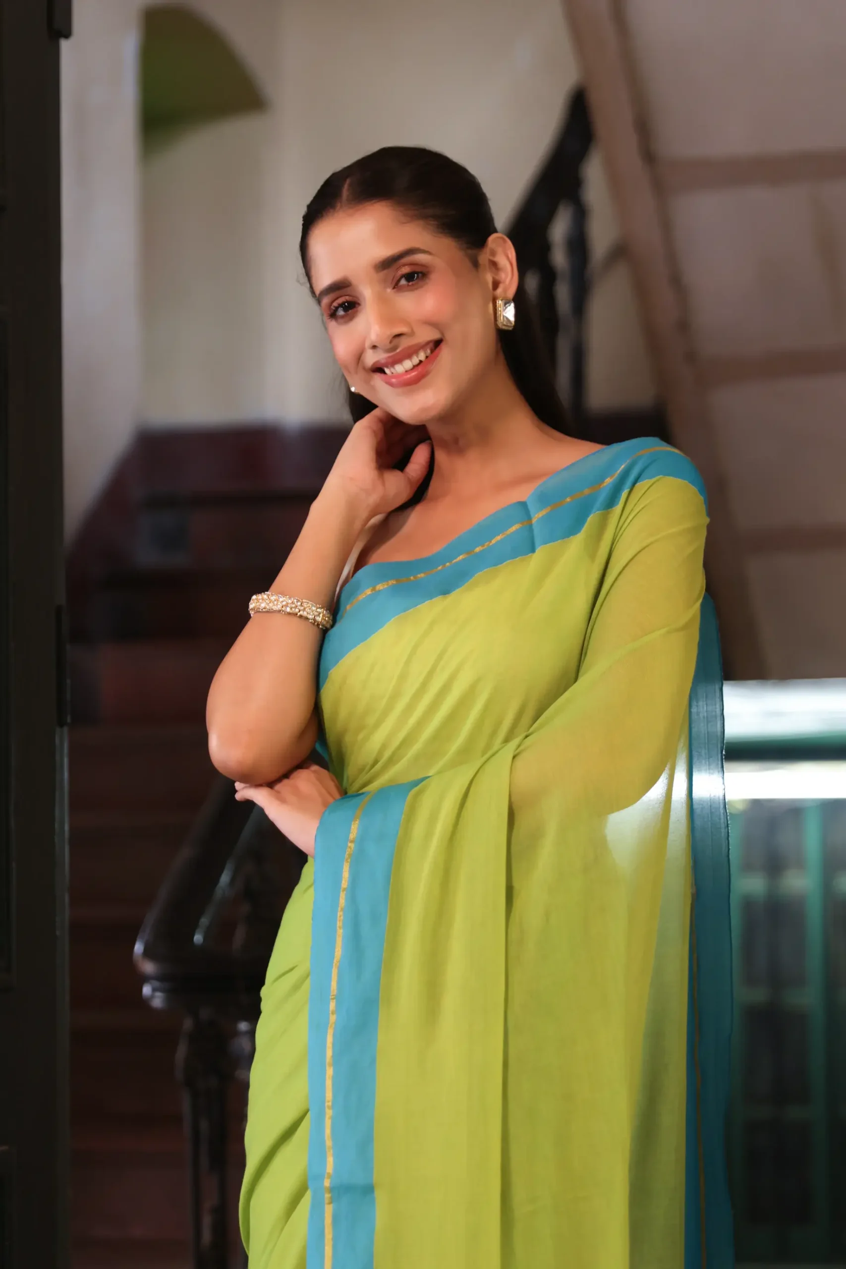 Lime Aqua Elegance Mul Saree