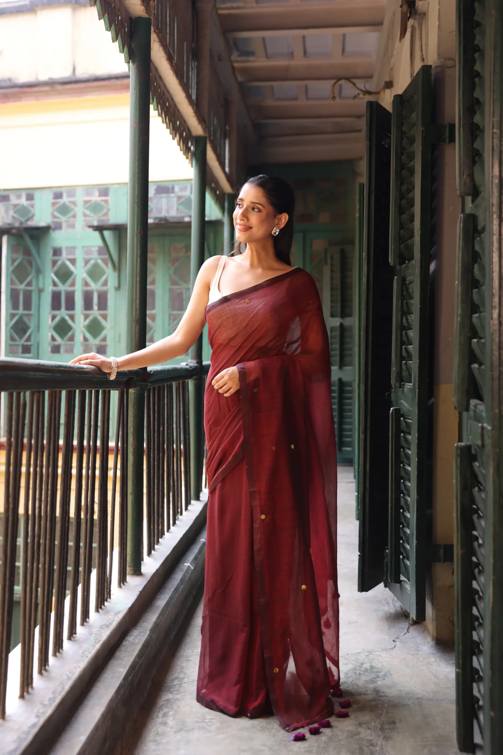 Wineberry Mul Handloom Saree
