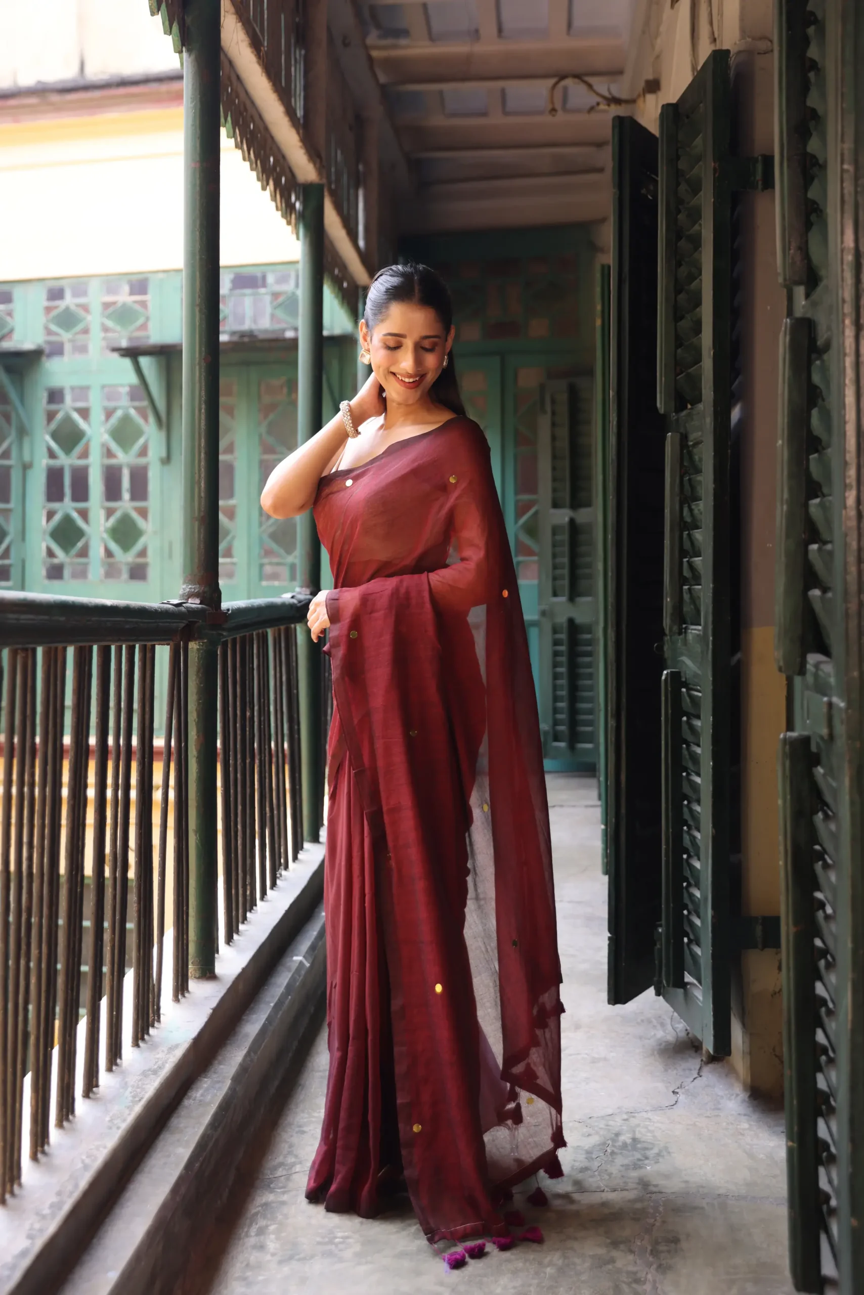Wineberry Mul Handloom Saree