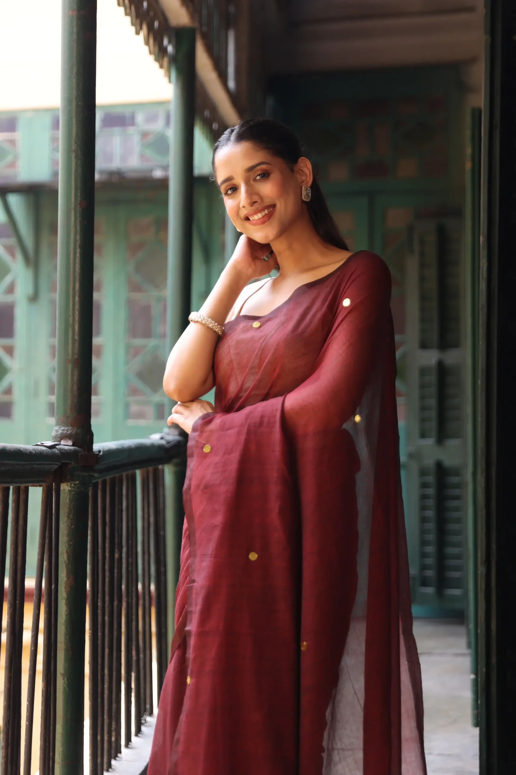 Wineberry Mul Handloom Saree