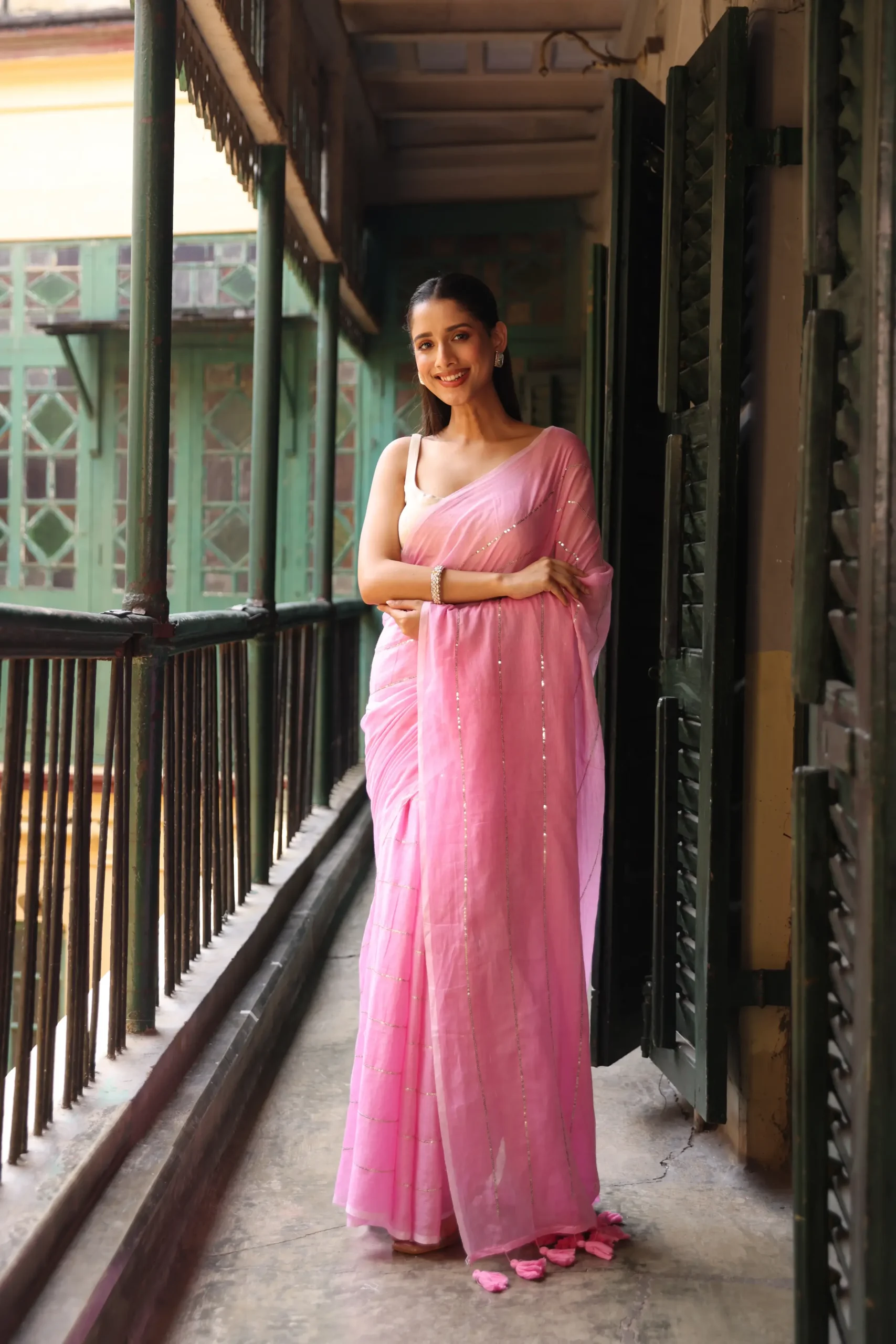 Blush Pink Sequin Mul Saree