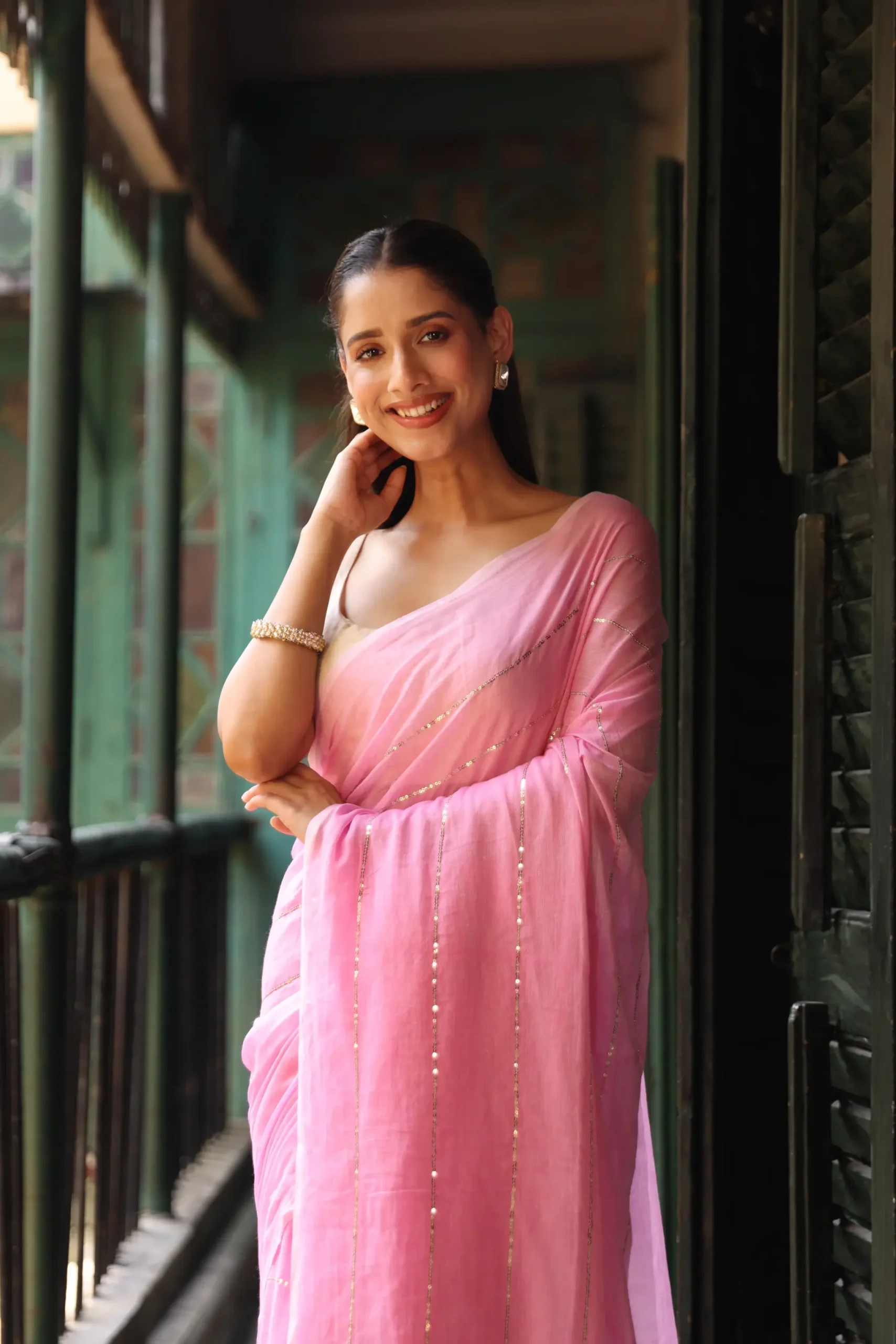 Blush Pink Sequin Mul Saree