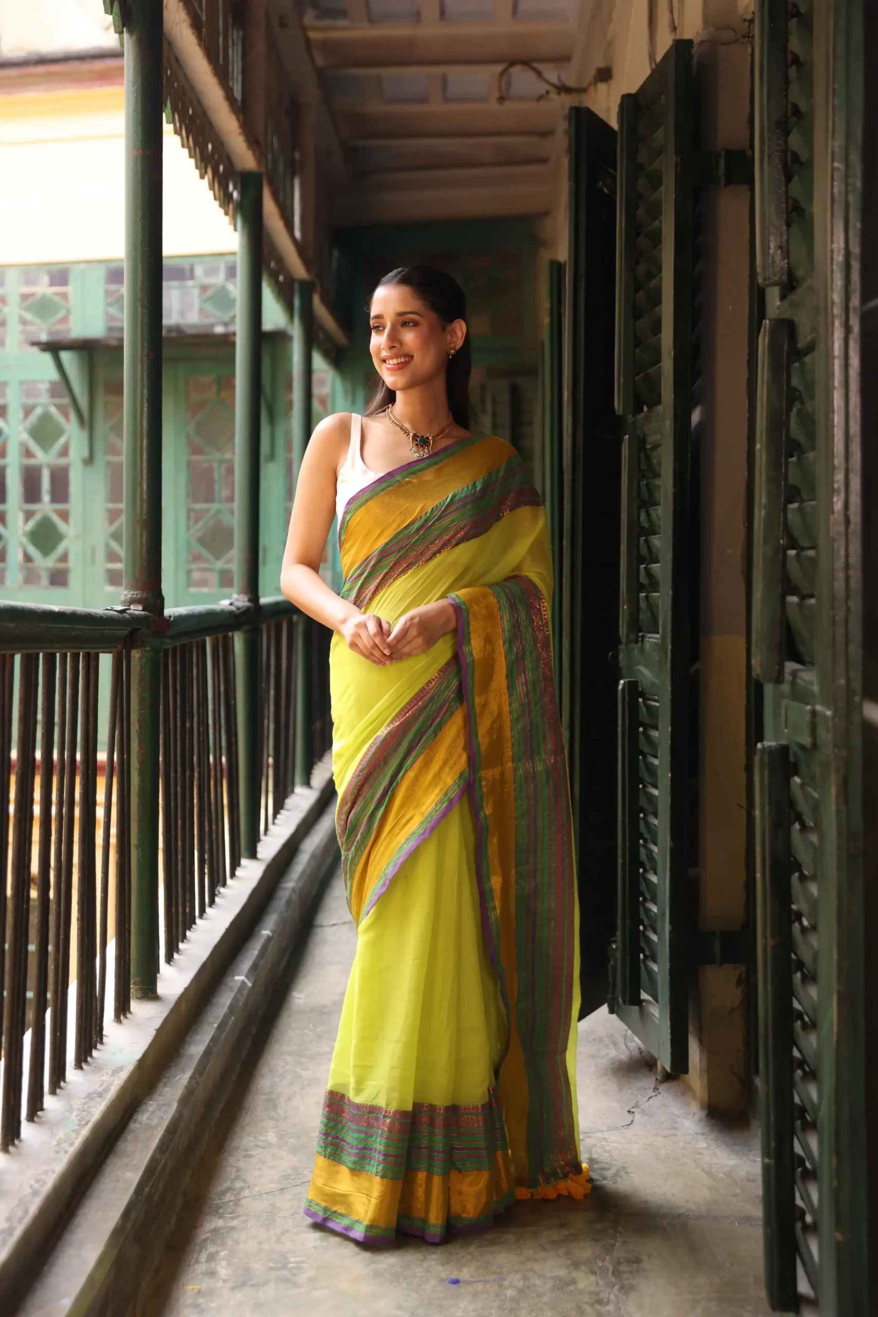 Mustard Lime Mul Saree