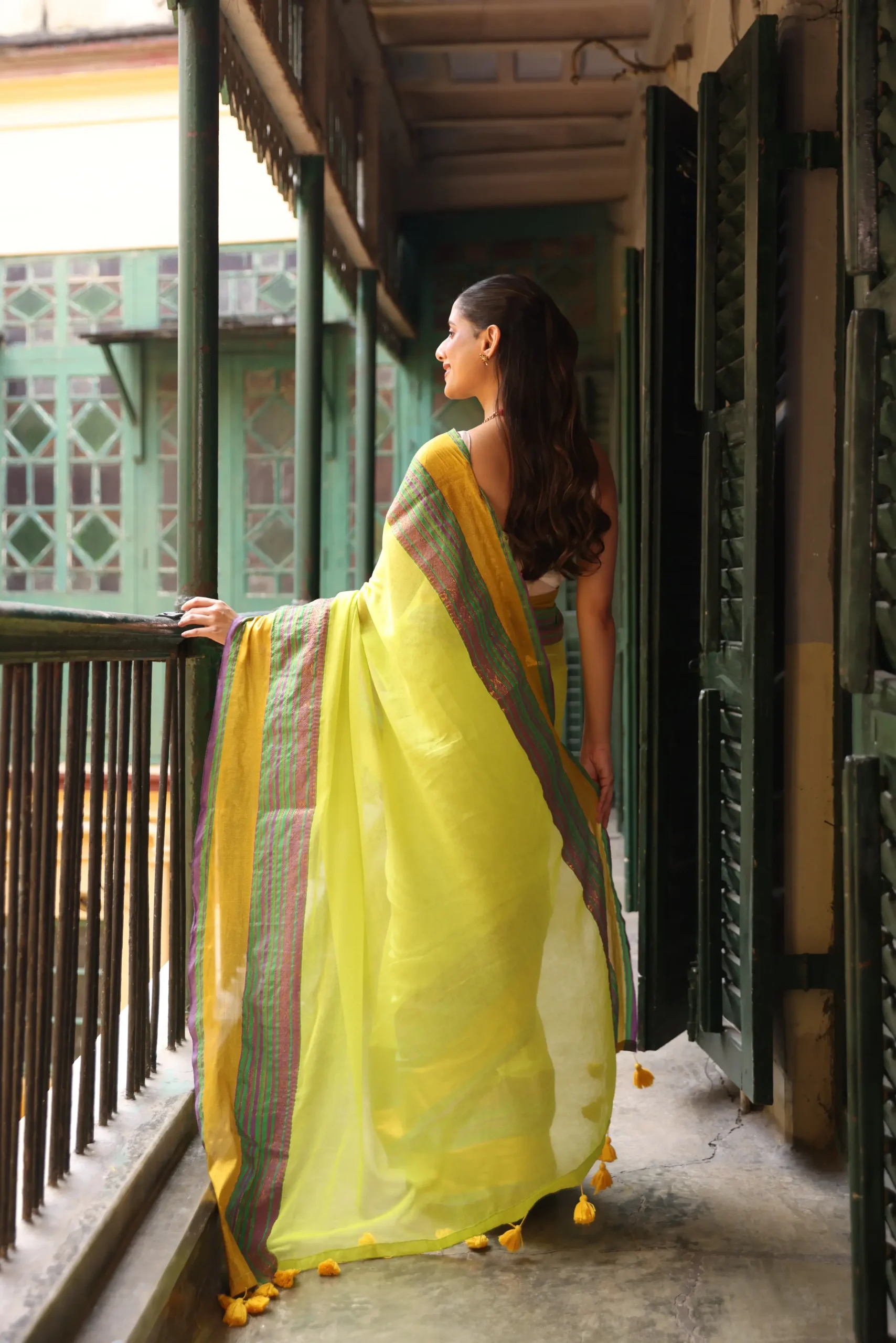 Mustard Lime Mul Saree