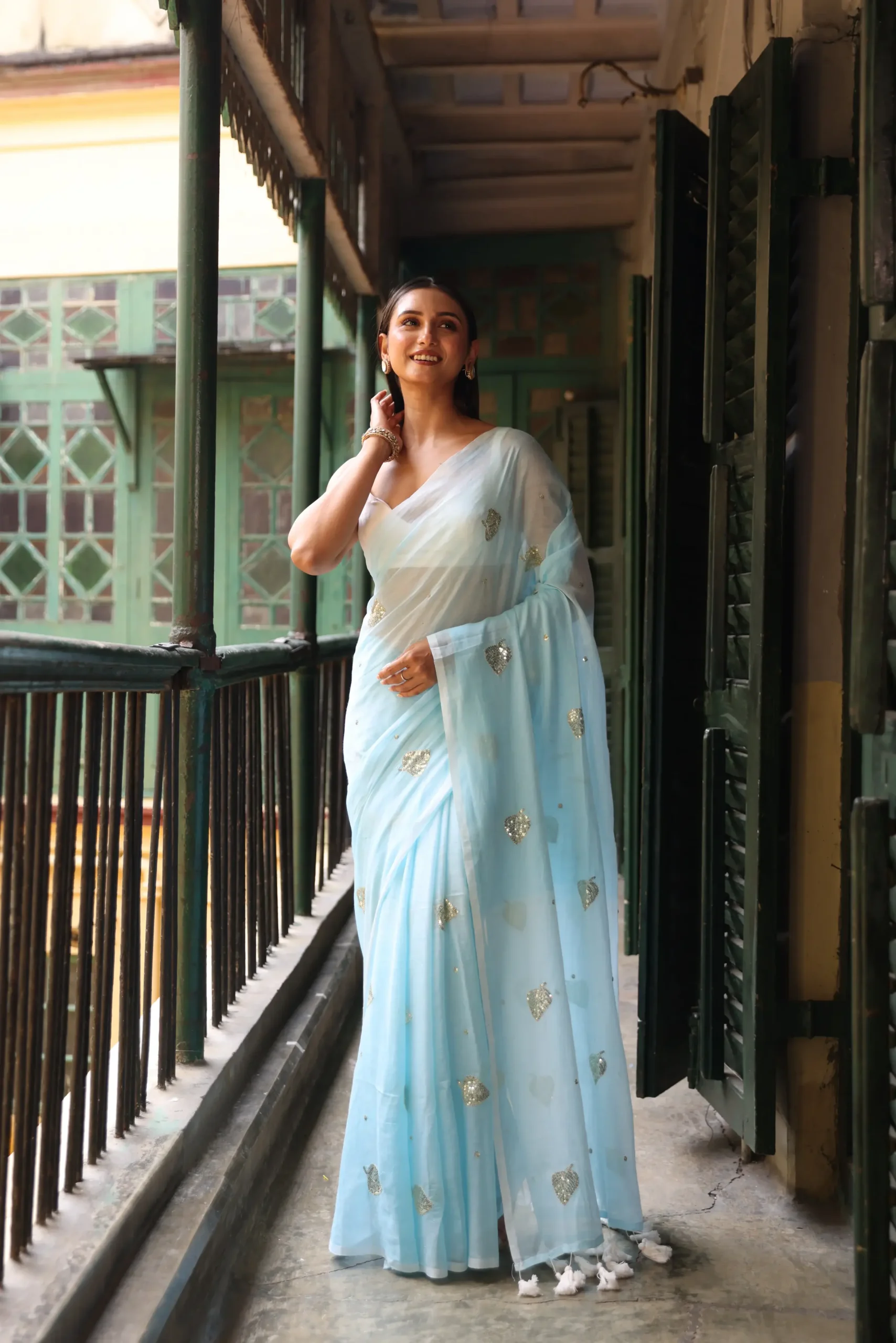 Powder Blue Leaf Sequin Mul Saree