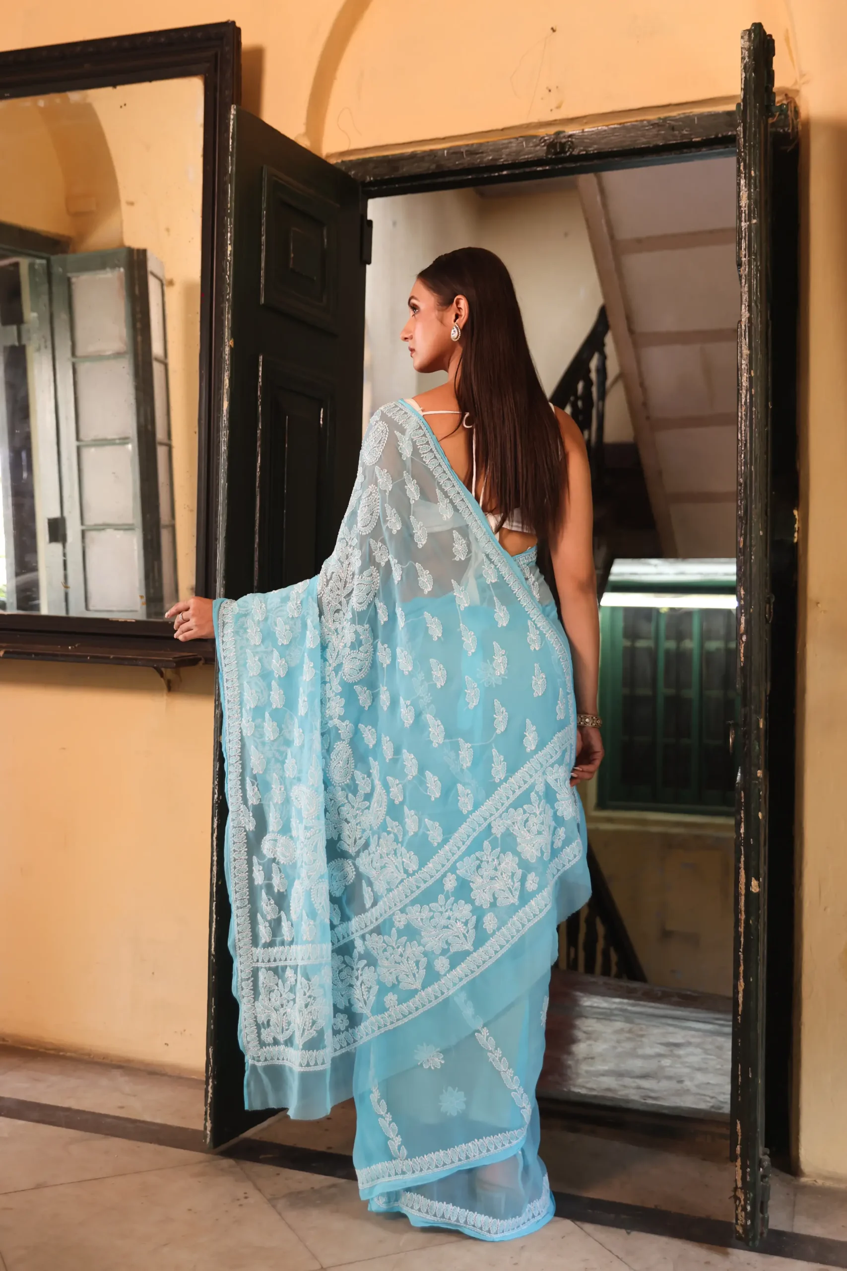 Sky Blue Blossom Chikankari Saree