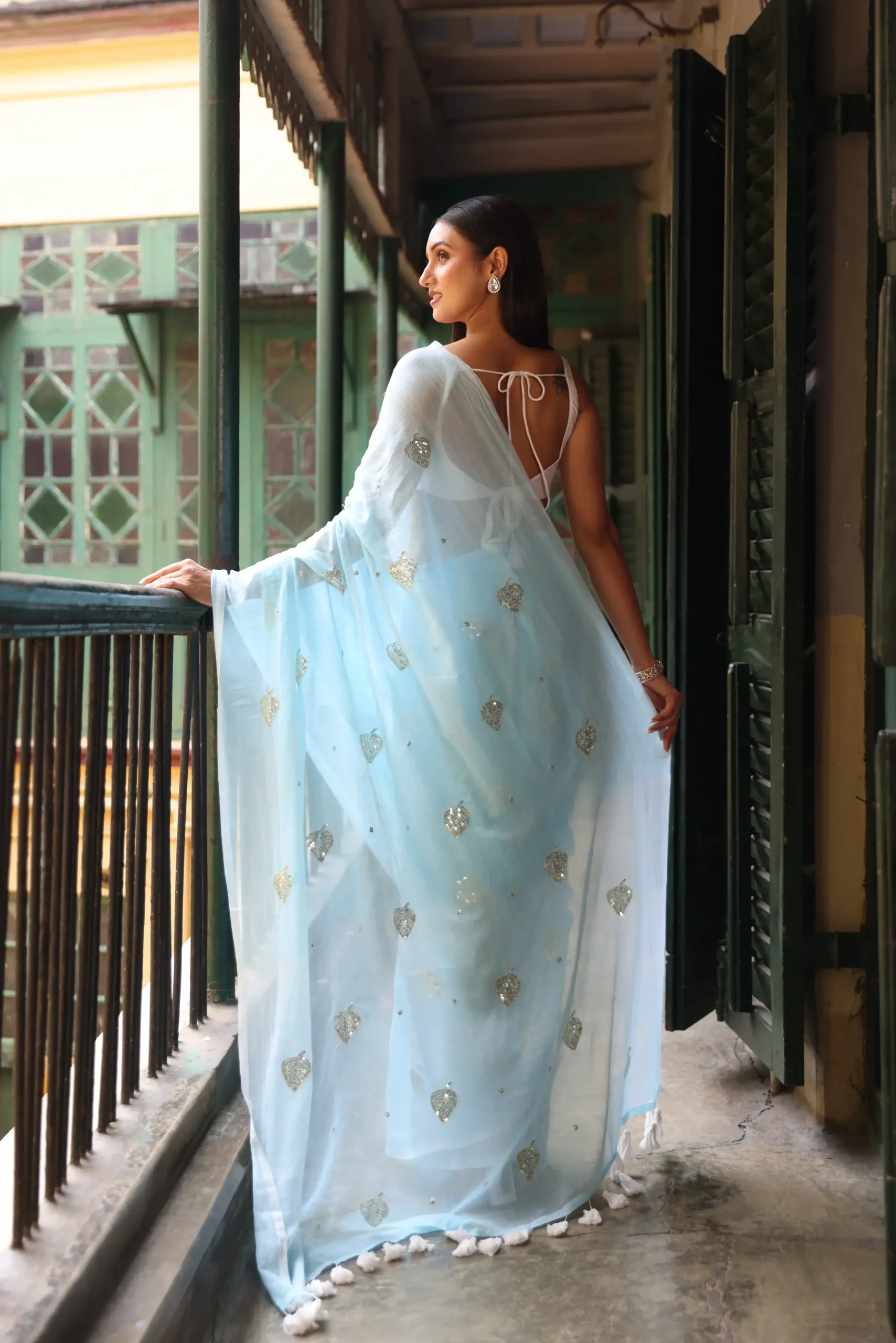 Powder Blue Leaf Sequin Mul Saree