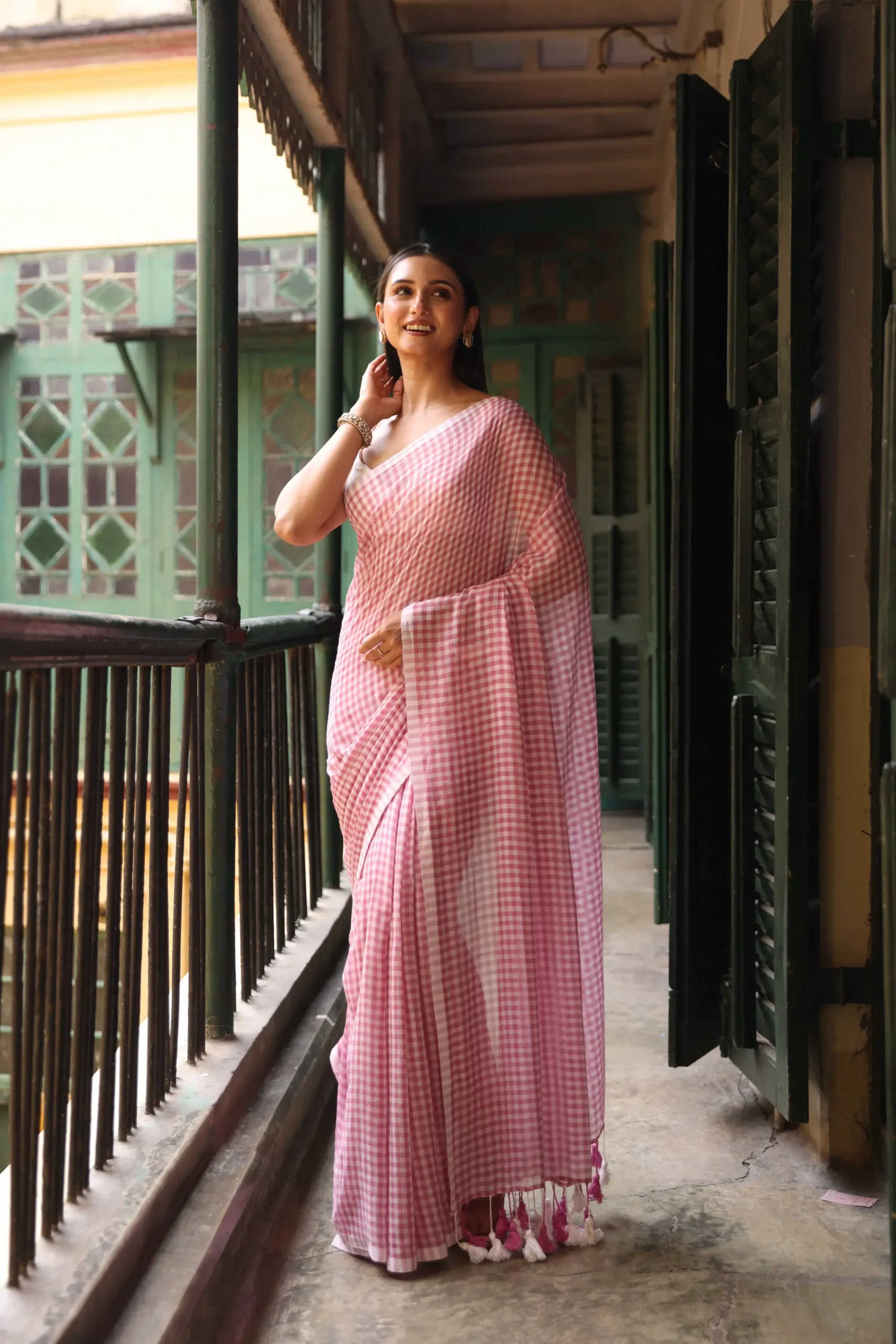 Blush Pink Gingham Mul Saree