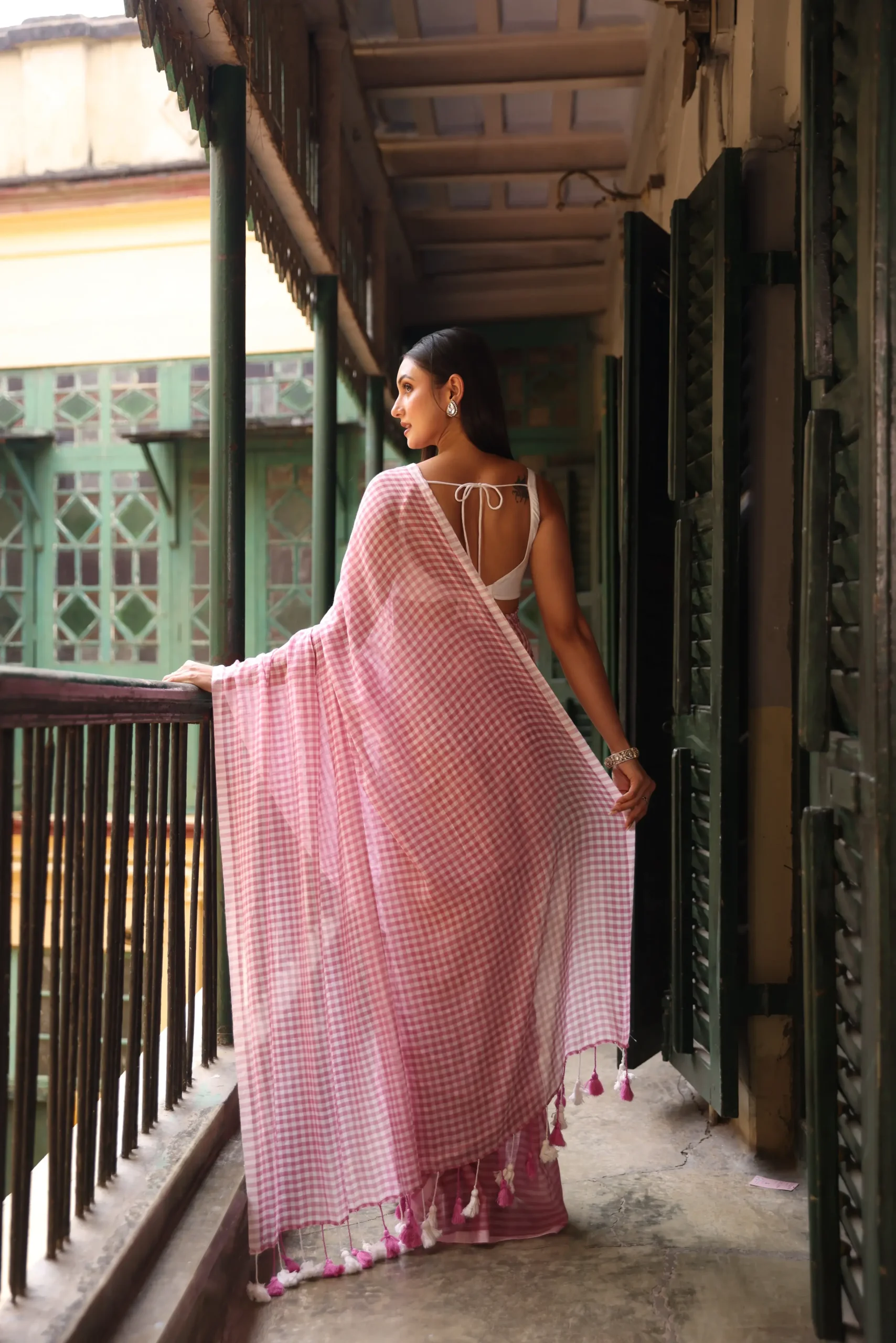 Blush Pink Gingham Mul Saree