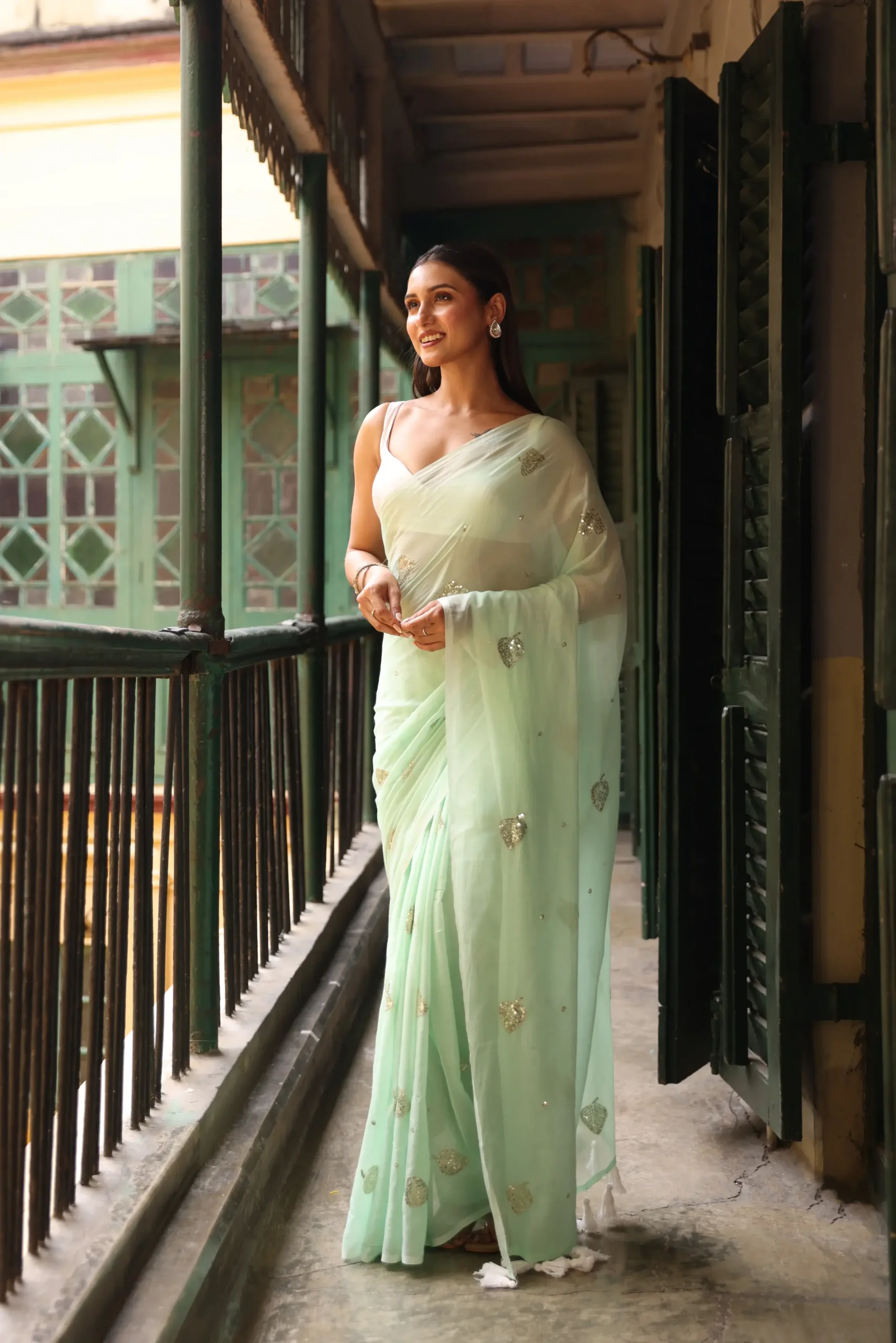 Mint Green Leaf Sequin Mul Saree