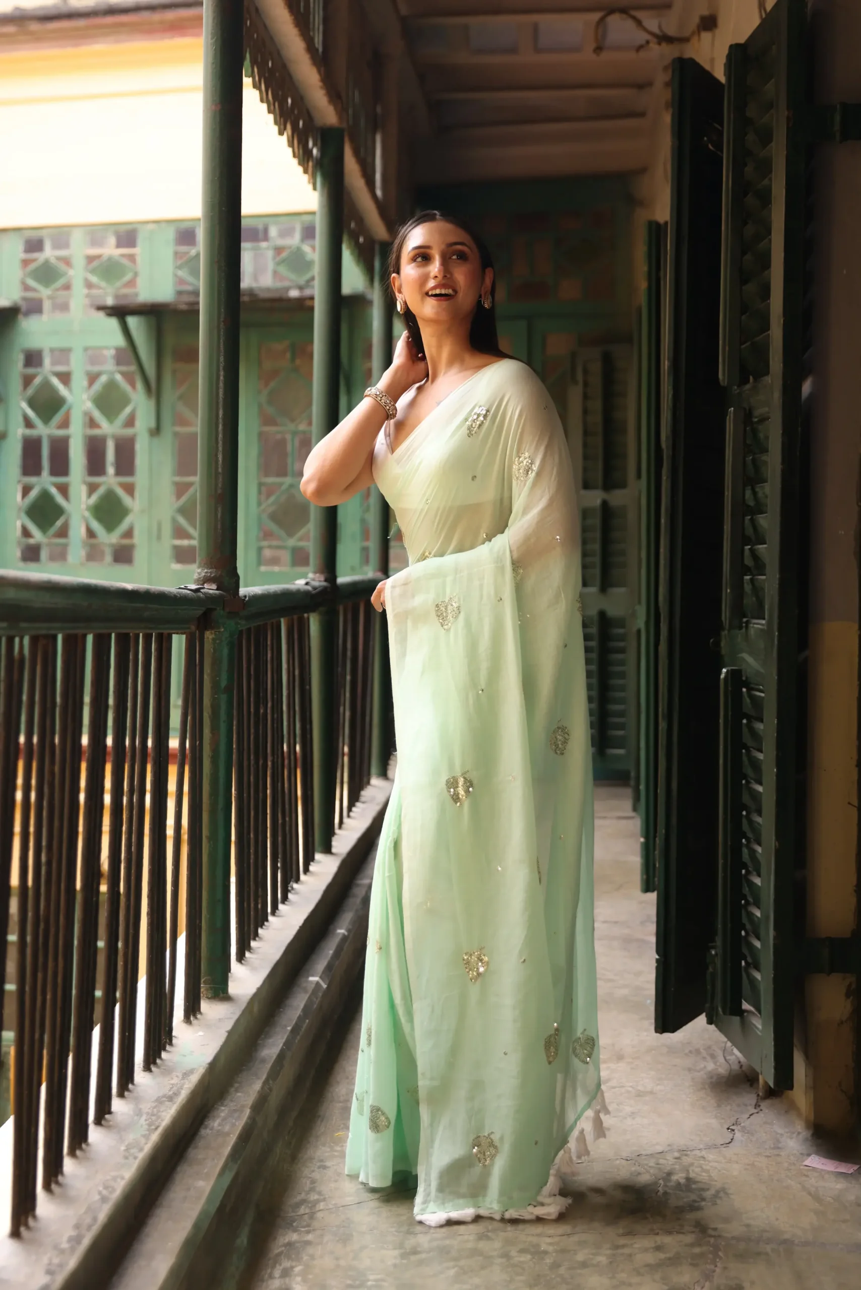 Mint Green Leaf Sequin Mul Saree