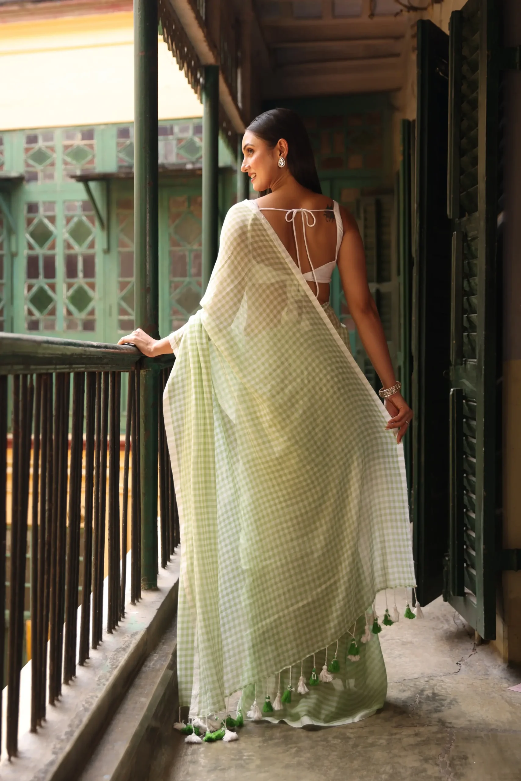 Pistachio Green Gingham Mul Saree