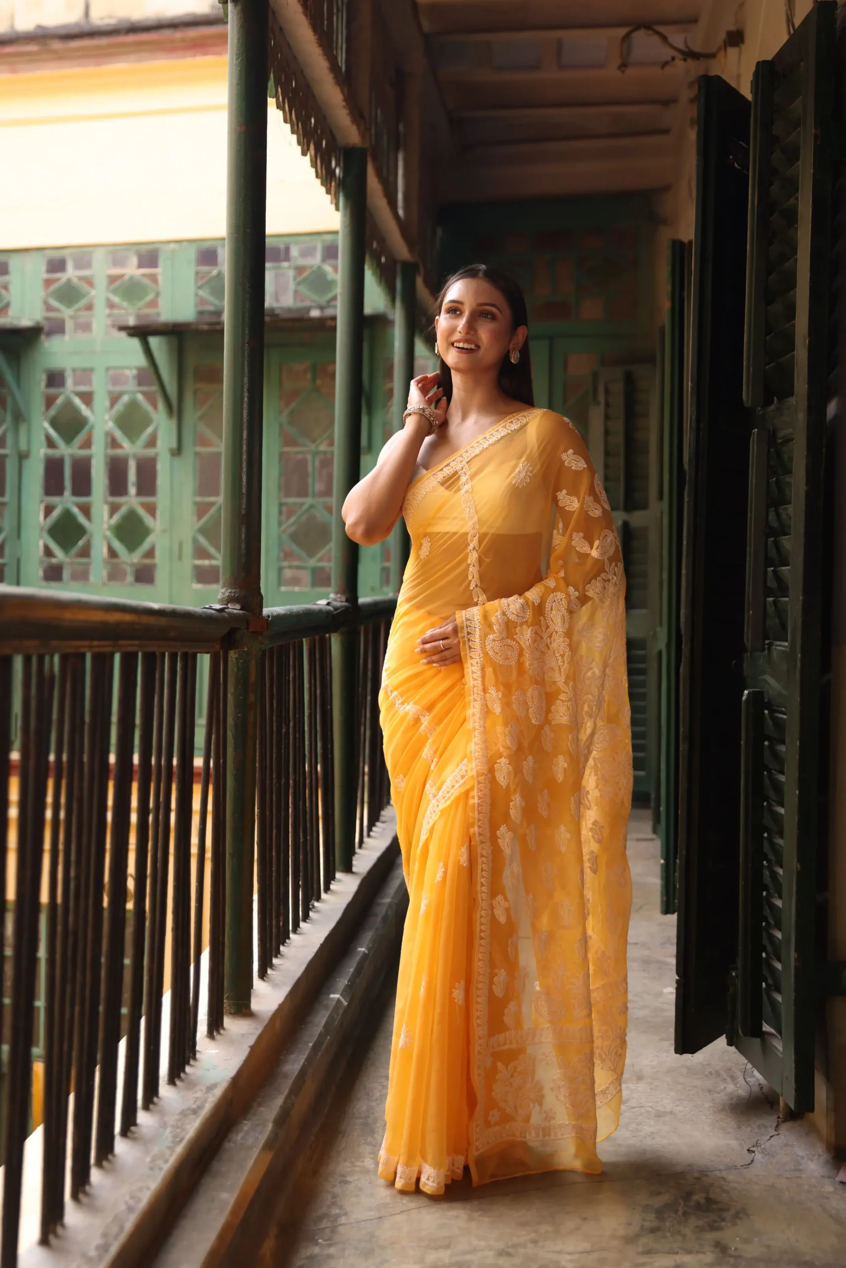 Mustard Yellow Chikankari Saree