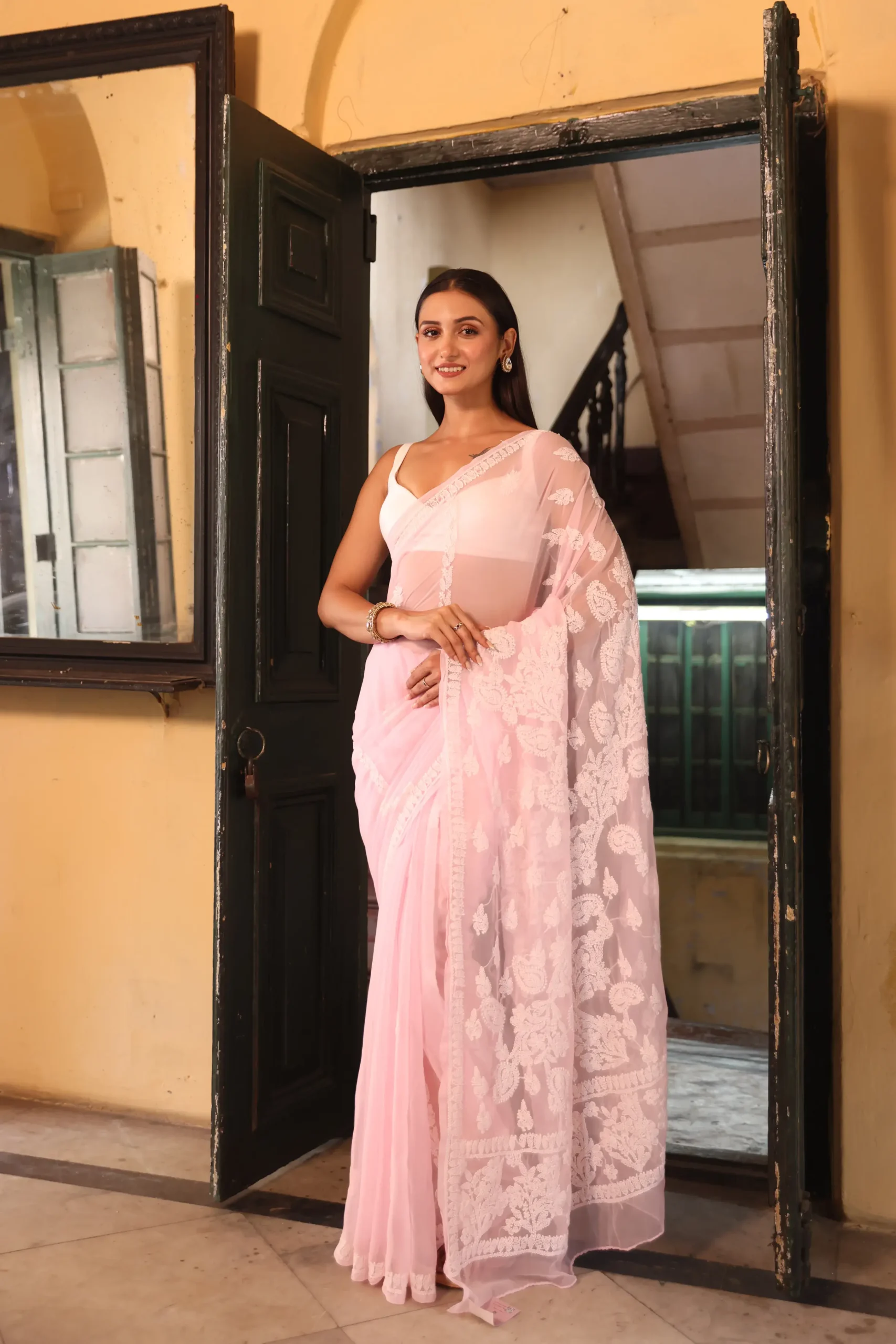 Blush Pink Chikankari Saree