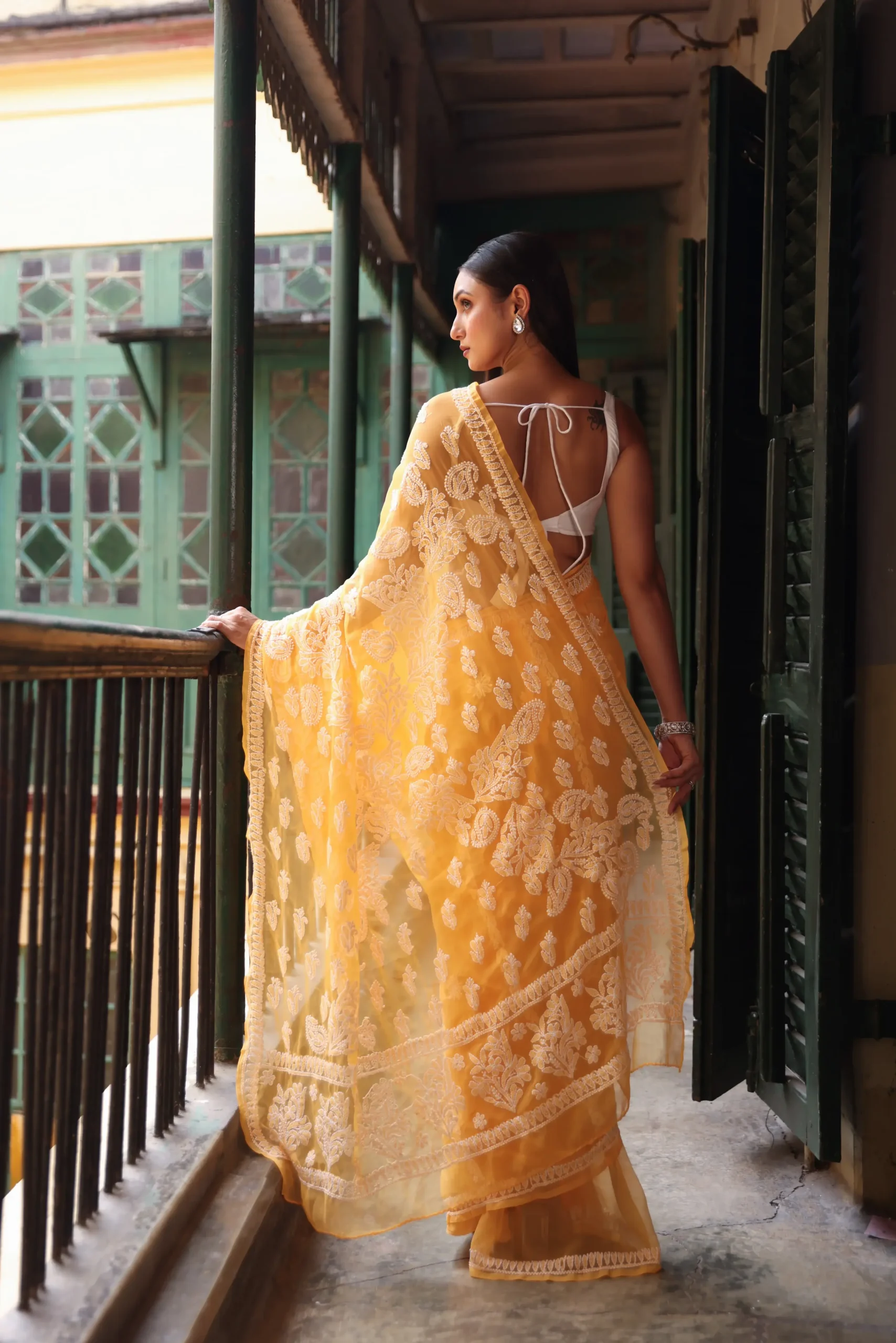 Mustard Yellow Chikankari Saree