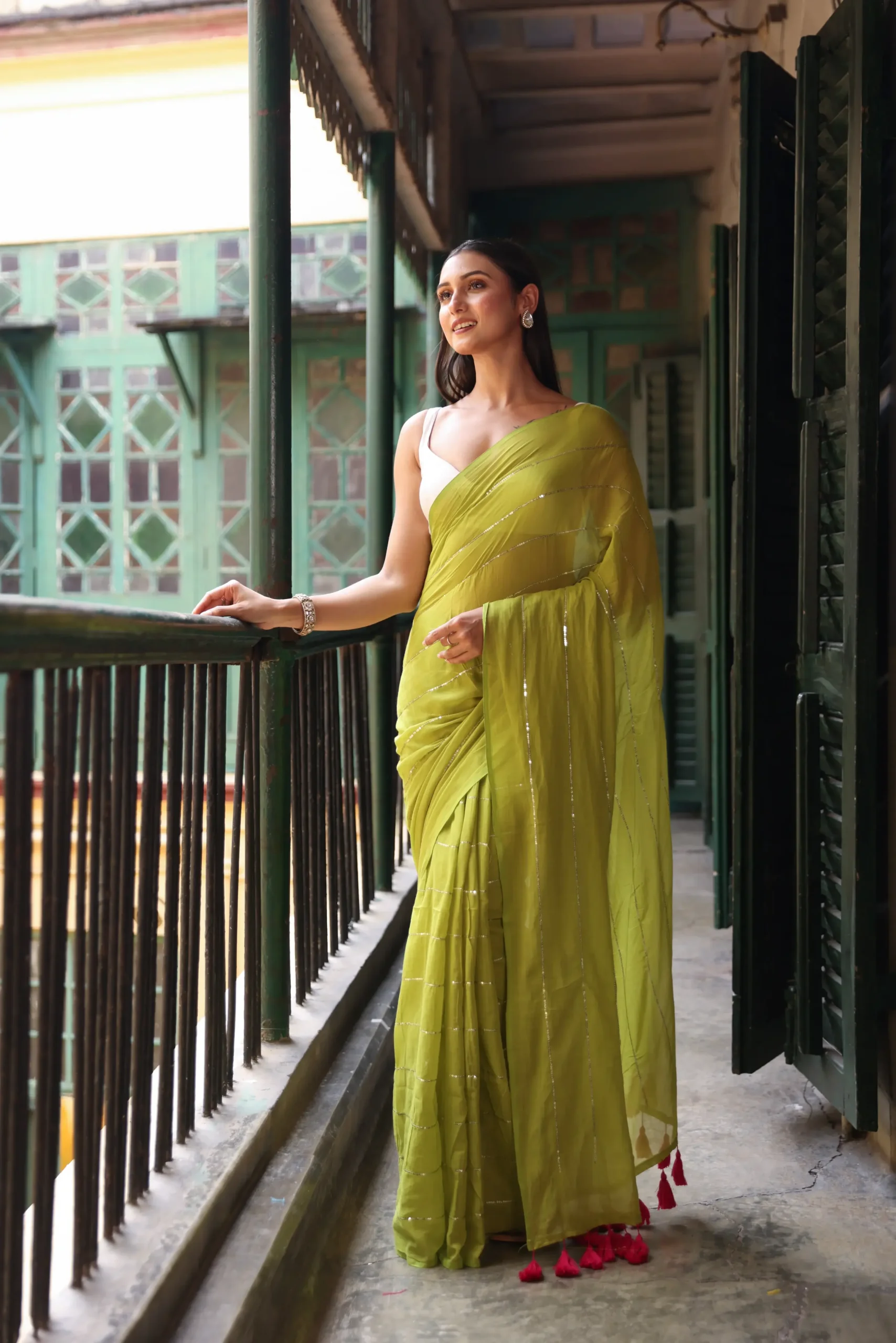 Olive Lime Sequin Saree
