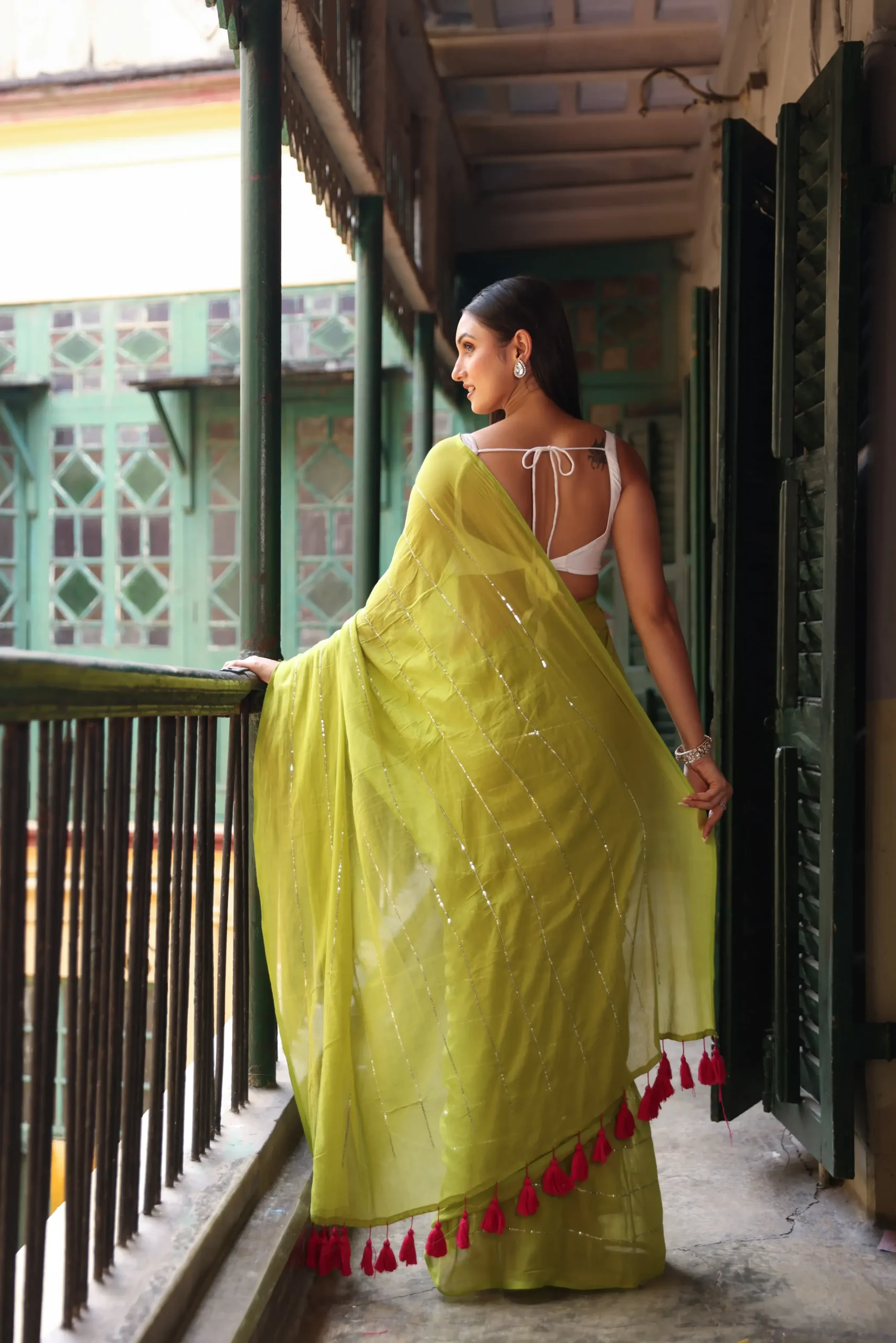 Olive Lime Sequin Saree