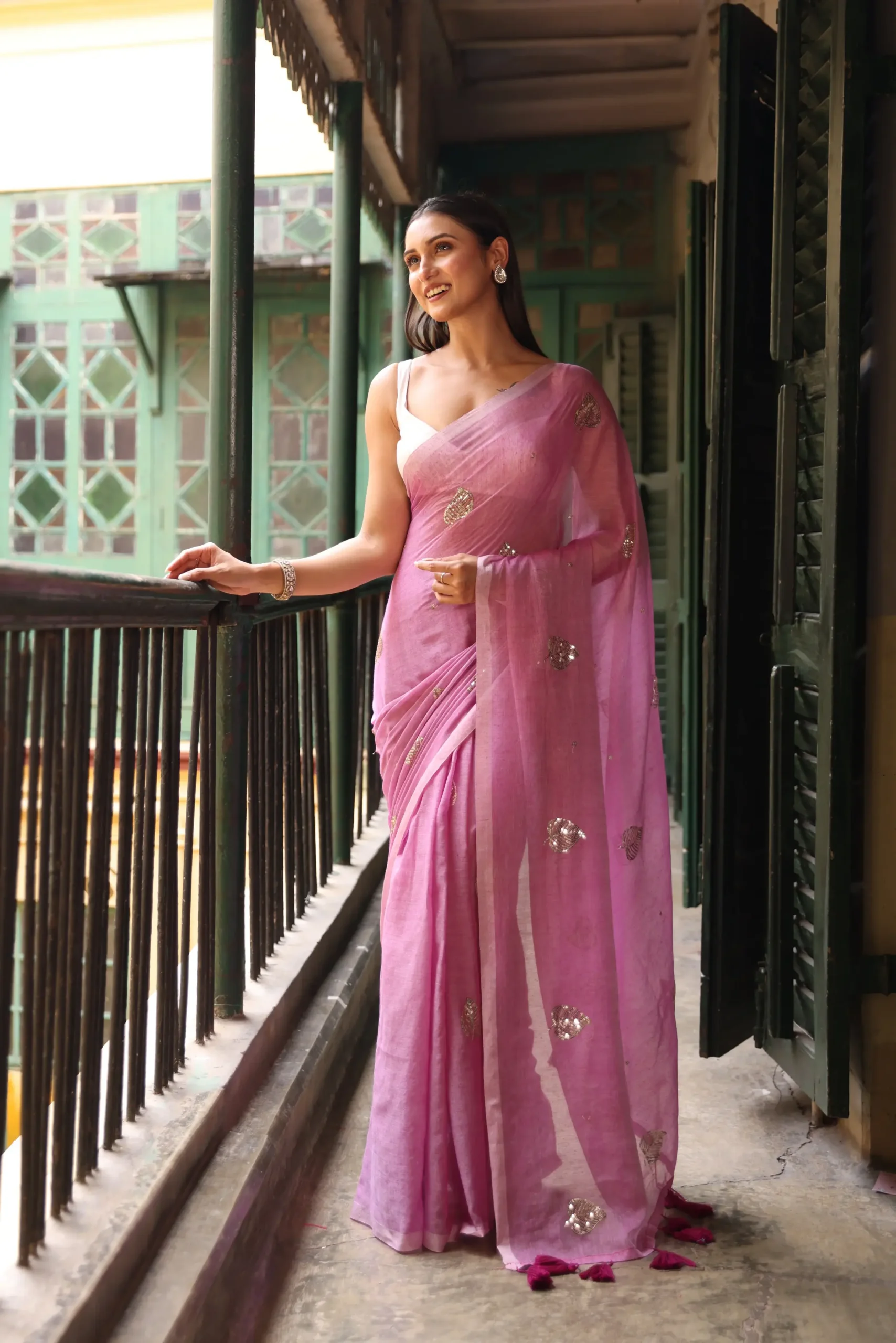 Rosewood Pink Leaf Sequin Mul Saree