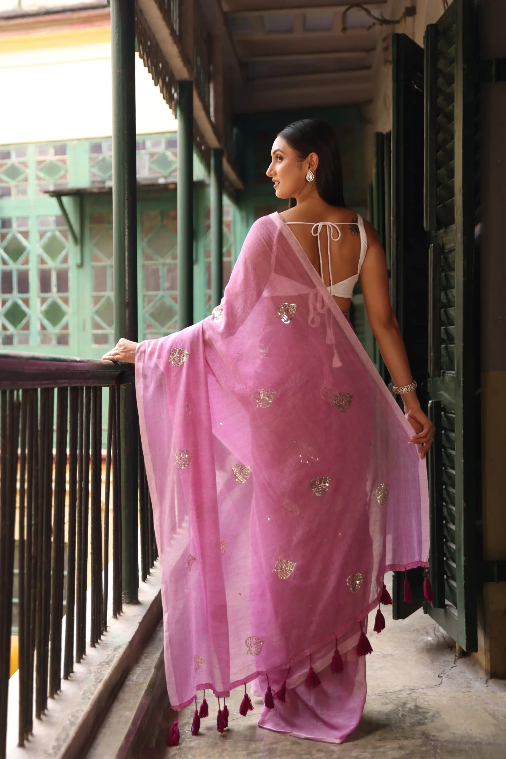 Rosewood Pink Leaf Sequin Mul Saree