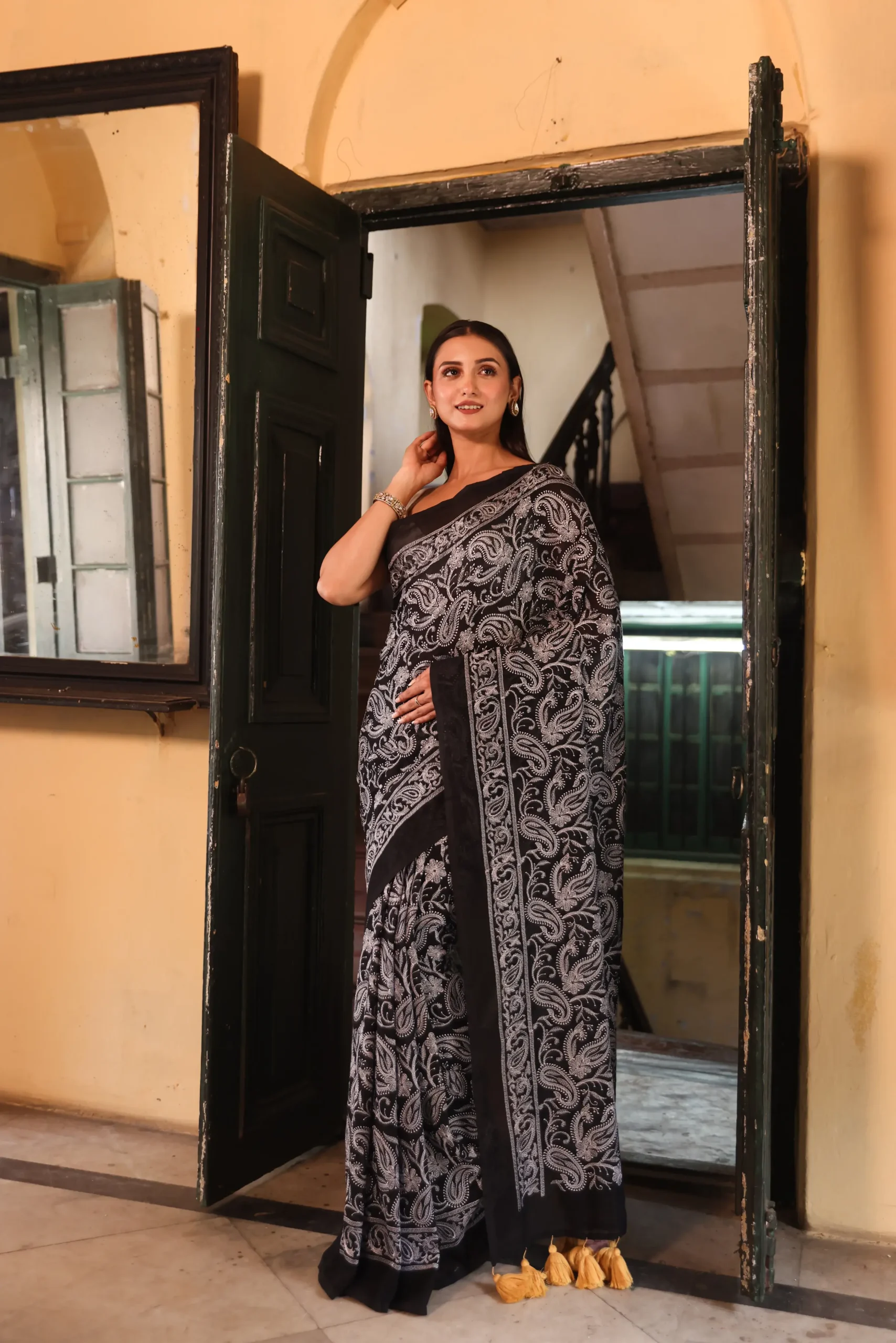 Midnight Bloom Mul Chikan Saree