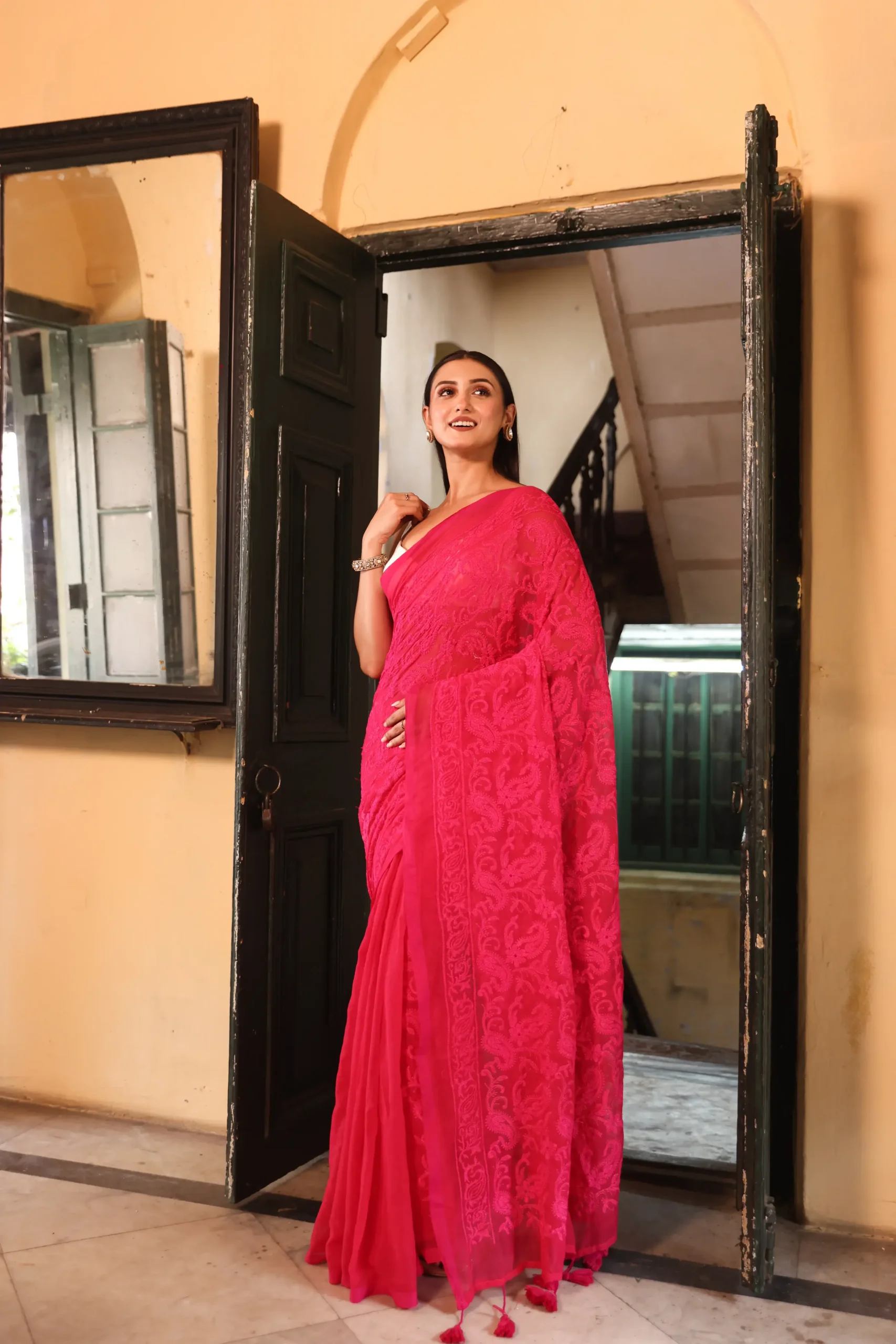 Ruby Pink Mul Chikan Saree