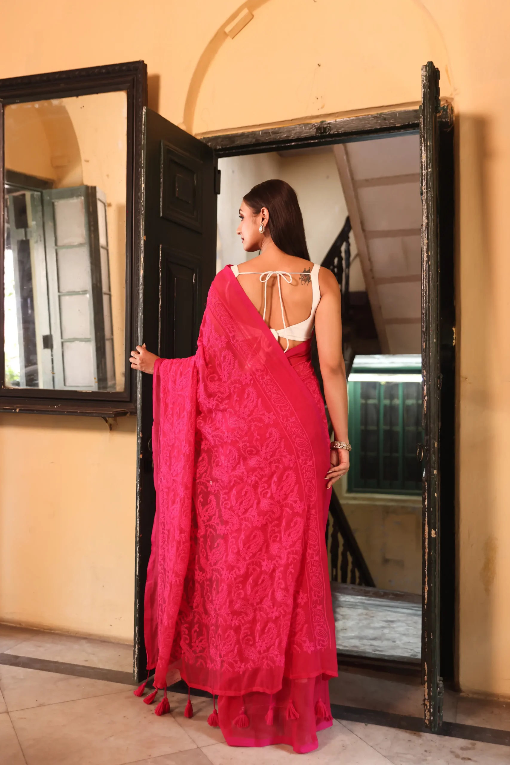Ruby Pink Mul Chikan Saree