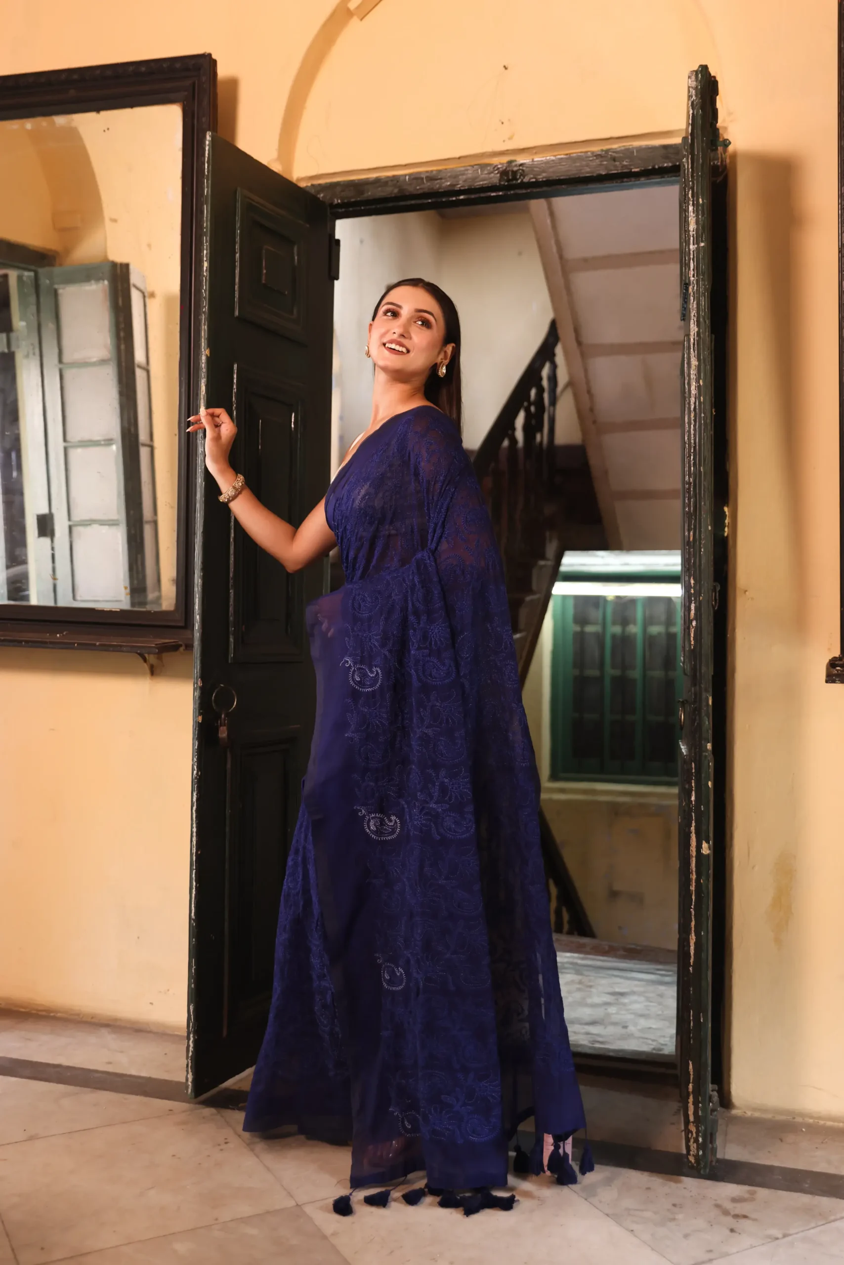 Royal Indigo Mul Chikan Saree