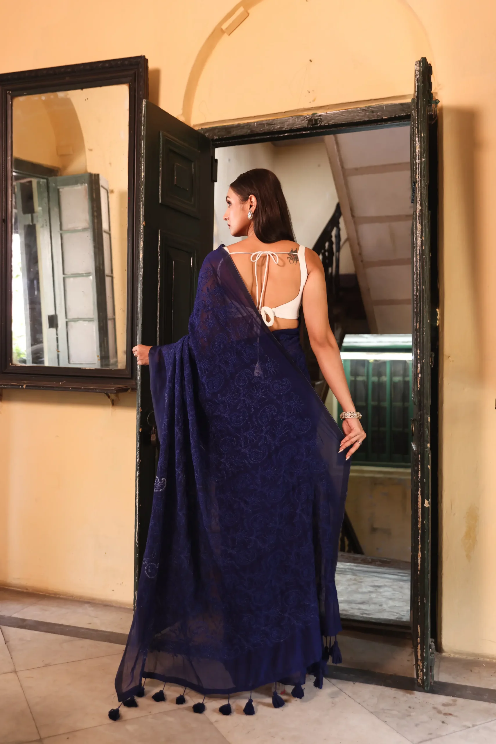 Royal Indigo Mul Chikan Saree
