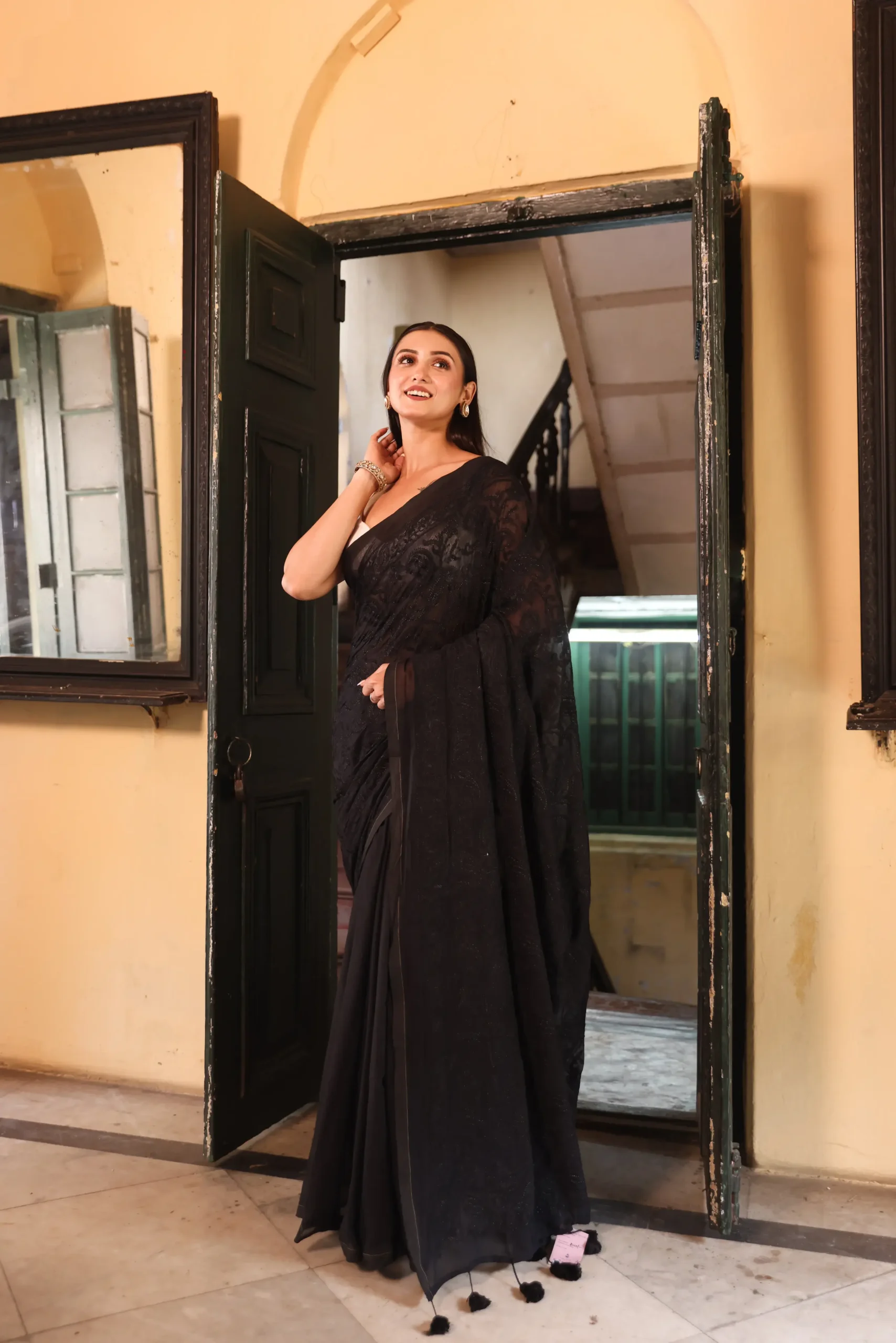 Midnight Shadow Mul Chikan Saree