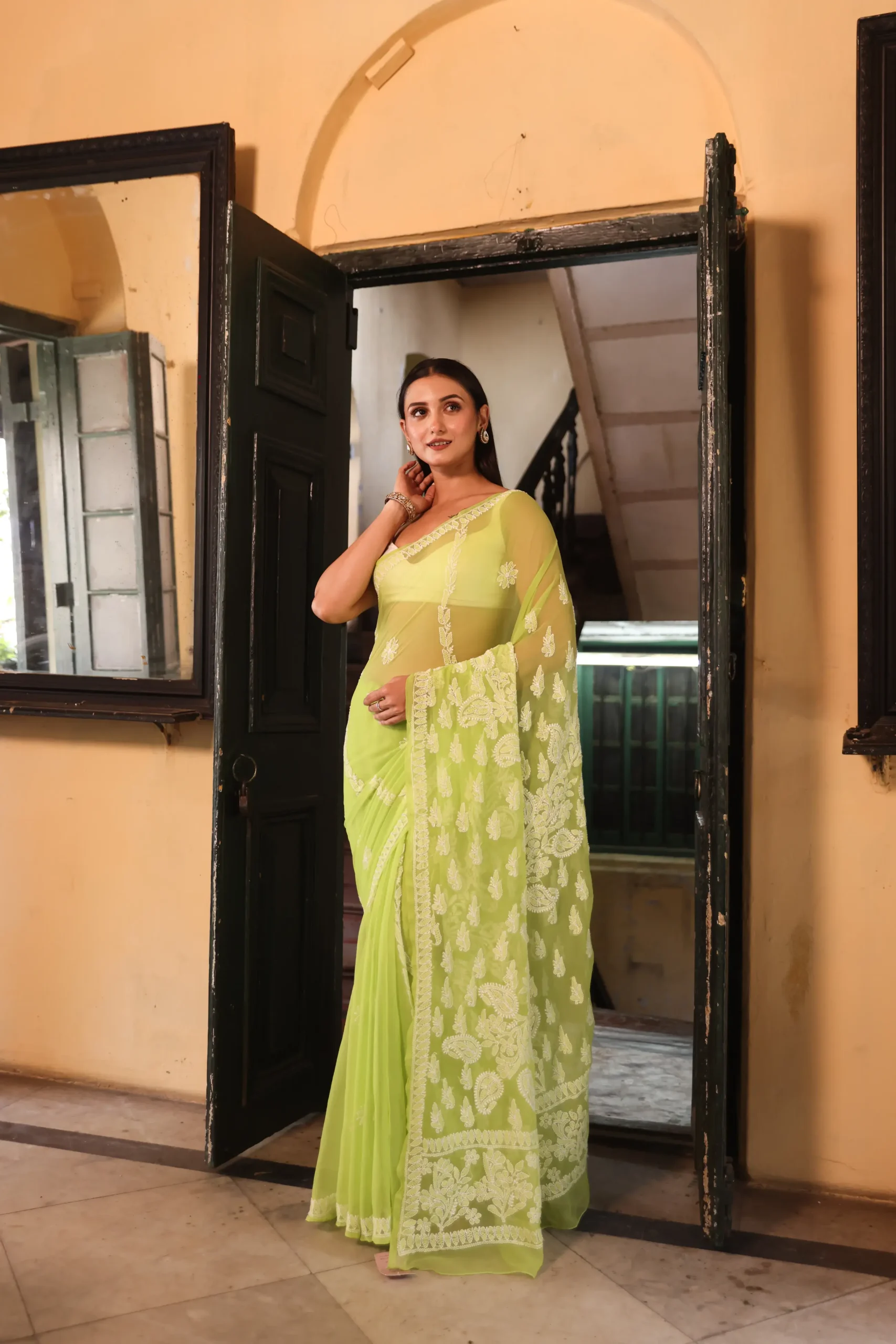 Lime Chikankari Saree